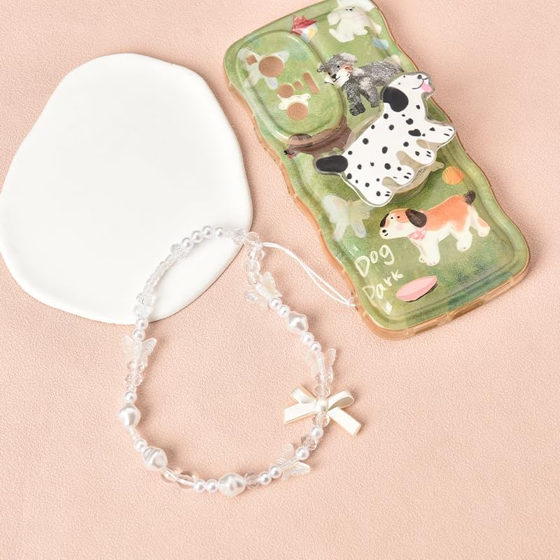 Beaded Cell Phone Lanyard for Women Girls - Bowknot Butterfly Pearl White Charm Bracelet - Handmade Anti-Lost Chain Cute Wrist Strap for Case image number 5