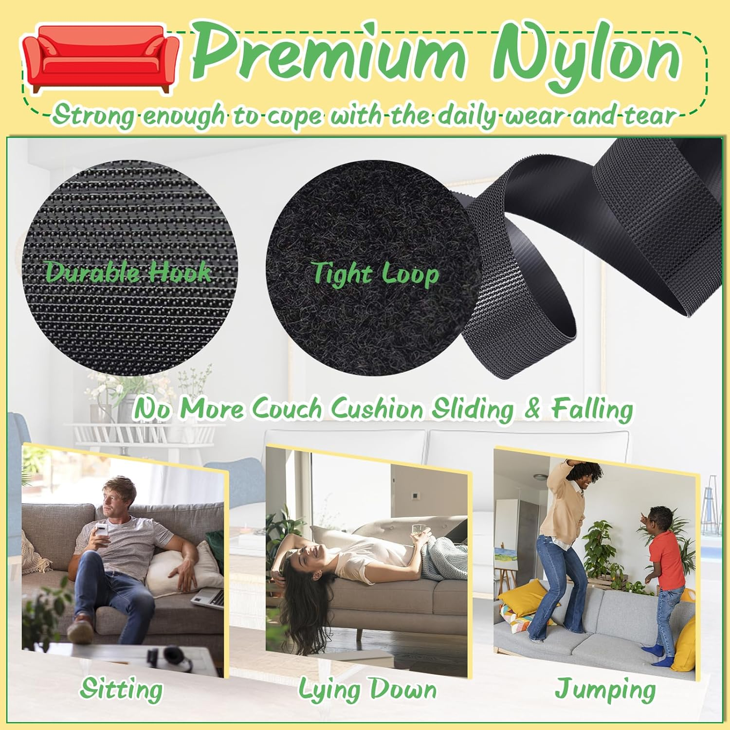 Teuvo Couch Cushion Non Slip Pads to Keep Couch Cushions from Sliding, Hook and Loop Tape with Adhesive for Smooth Surfaces, 2M Long and 11Cm Wide image number 1