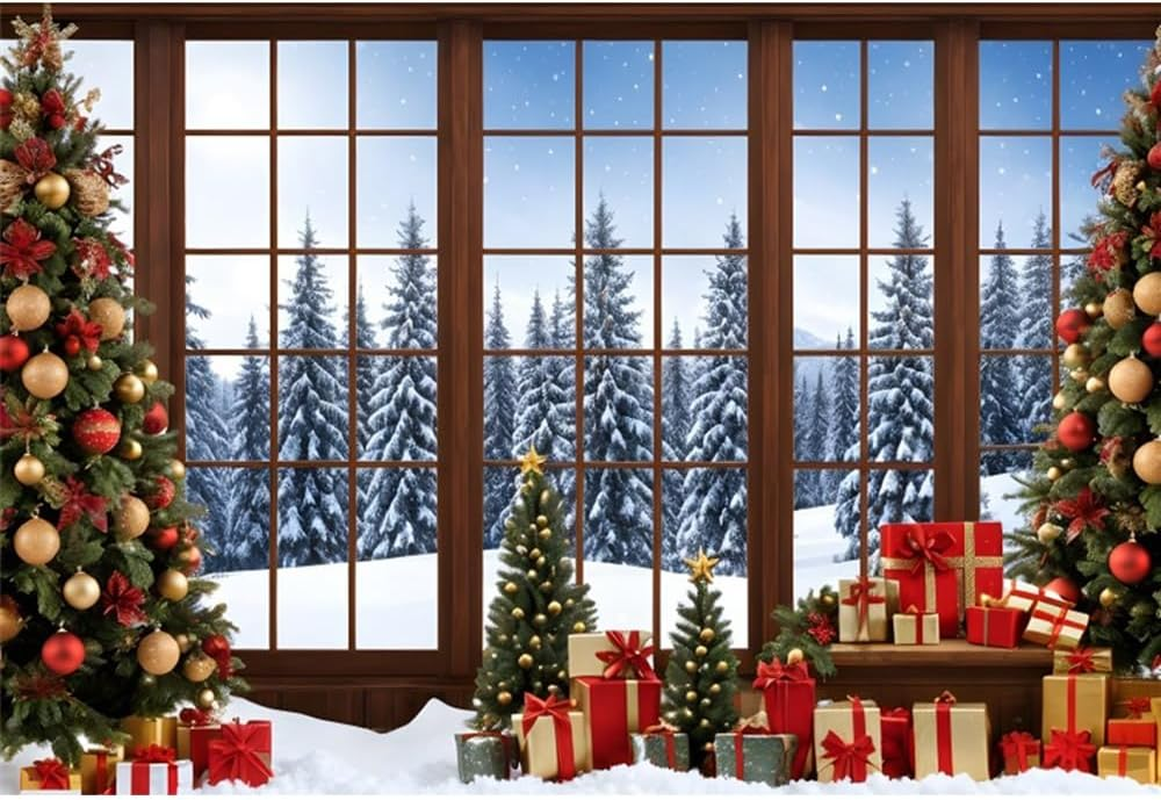 7&times;5Ft Winter Christmas Window Backdrop for Photography Merry Xmas Pine Tree Indoor Background Snow Holiday Photobooth New Year Party Decorations Photo Studio Props Supplies image number 3