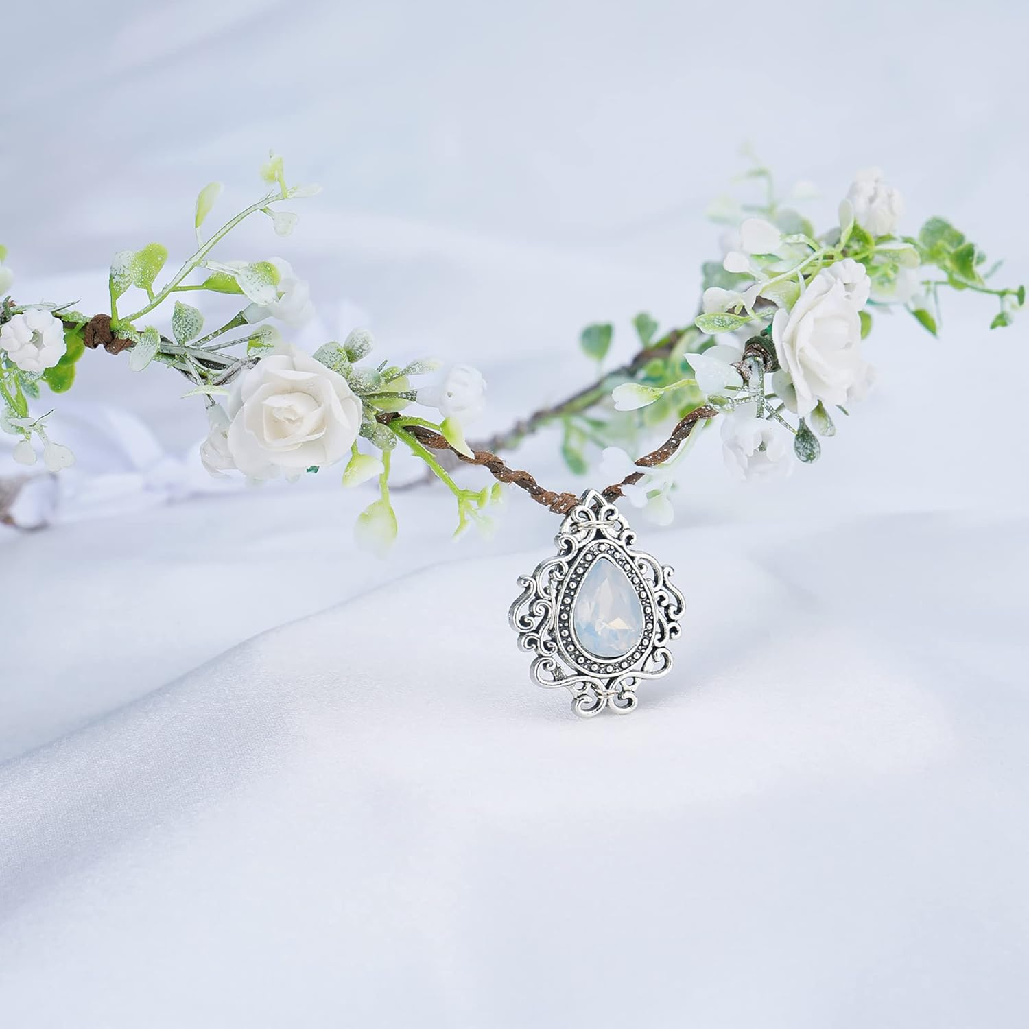 MOSTORY Woodland Fairy Flower Crown Girl - Floral Elf Headpiece with Crystal V-Shape Elven Tiara Handmade for Women Bridal Variable Size Wreath Headband for Cosplay Halloween Christmas Party Wedding image number 6