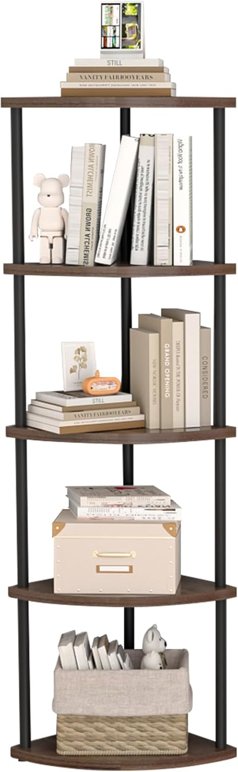Corner Bookshelf, Storage Standing Shelf Unit with Metal Framecorner Shelf Stand, (Walnut, 6 Tier) image number 4