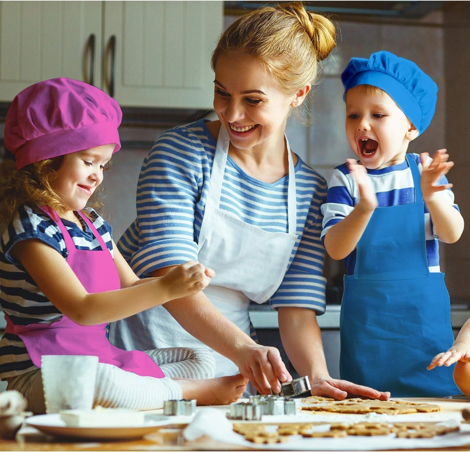 8 Sets Apron Chef Hat Set Apron with 2 Pockets Adjustable Chef Apron and Hats Kitchen Cooking Baking Painting Wear (Multi-Color, M for 7-13) image number 4