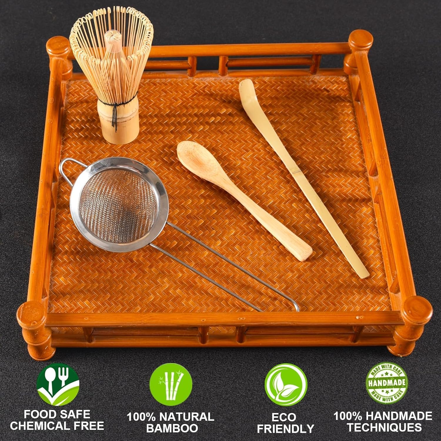 Bamboo Matcha Whisk Set, Myrthra Traditional Japanese Chasen Stirrer-Japanese Matcha Whisk with Bamboo Scoop, Stainless Sifter and Ceramics Whisk Holder image number 3