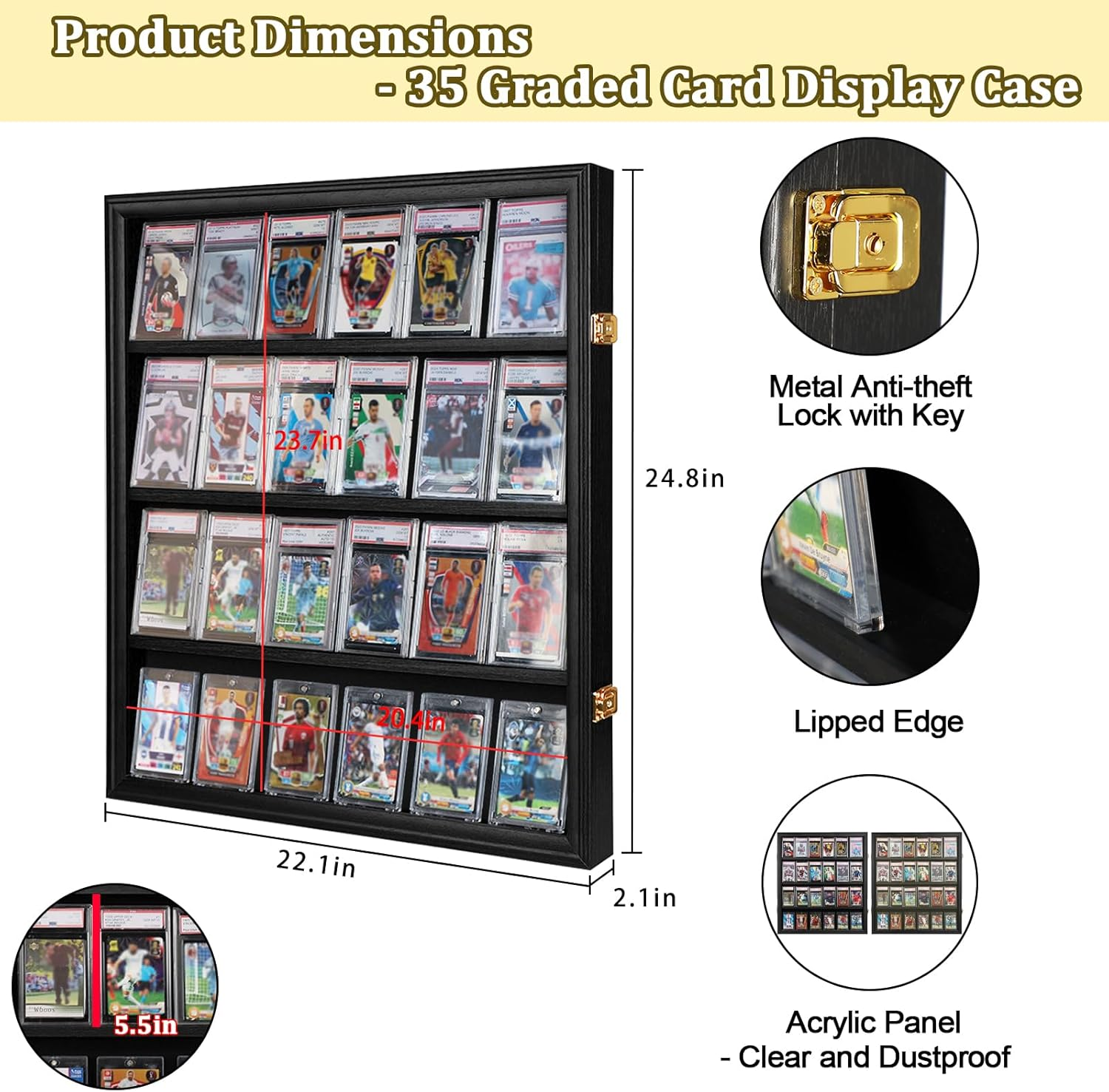 Graded Sports Card Display Case - 24 Baseball Card Display Case -Trading Card Frame Wall Display Lockable with UV Protection Acrylic Door for Football Basketball Hockey Cards,Black image number 1