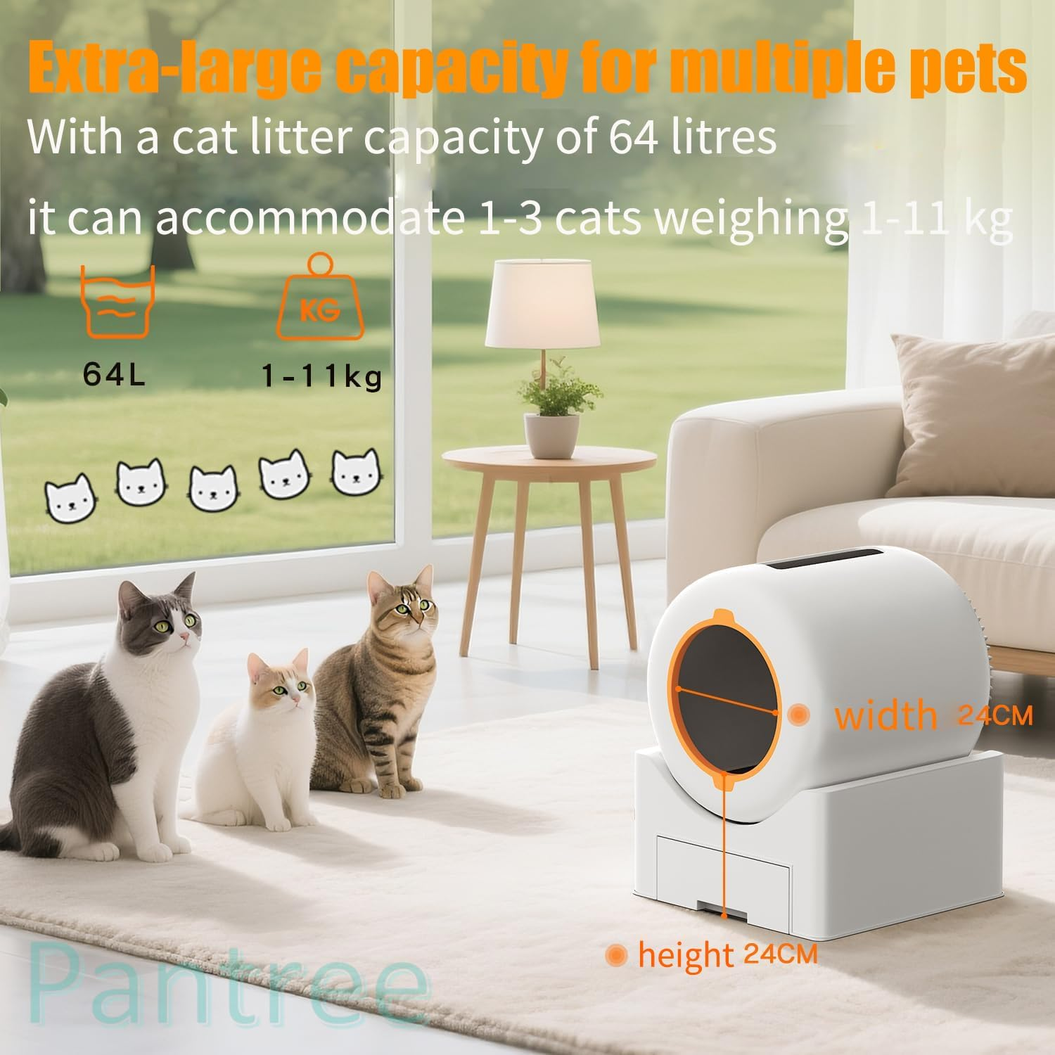 PANTREE Self Cleaning Cat Litter Box, 65L Large Automatic Smart Litter Box for Multiple Cats, App Control & Safety Sensors, Odor-Free Electric Kitty Toilet with Mat & Waste Liners (White) - Garbage Bag image number 5