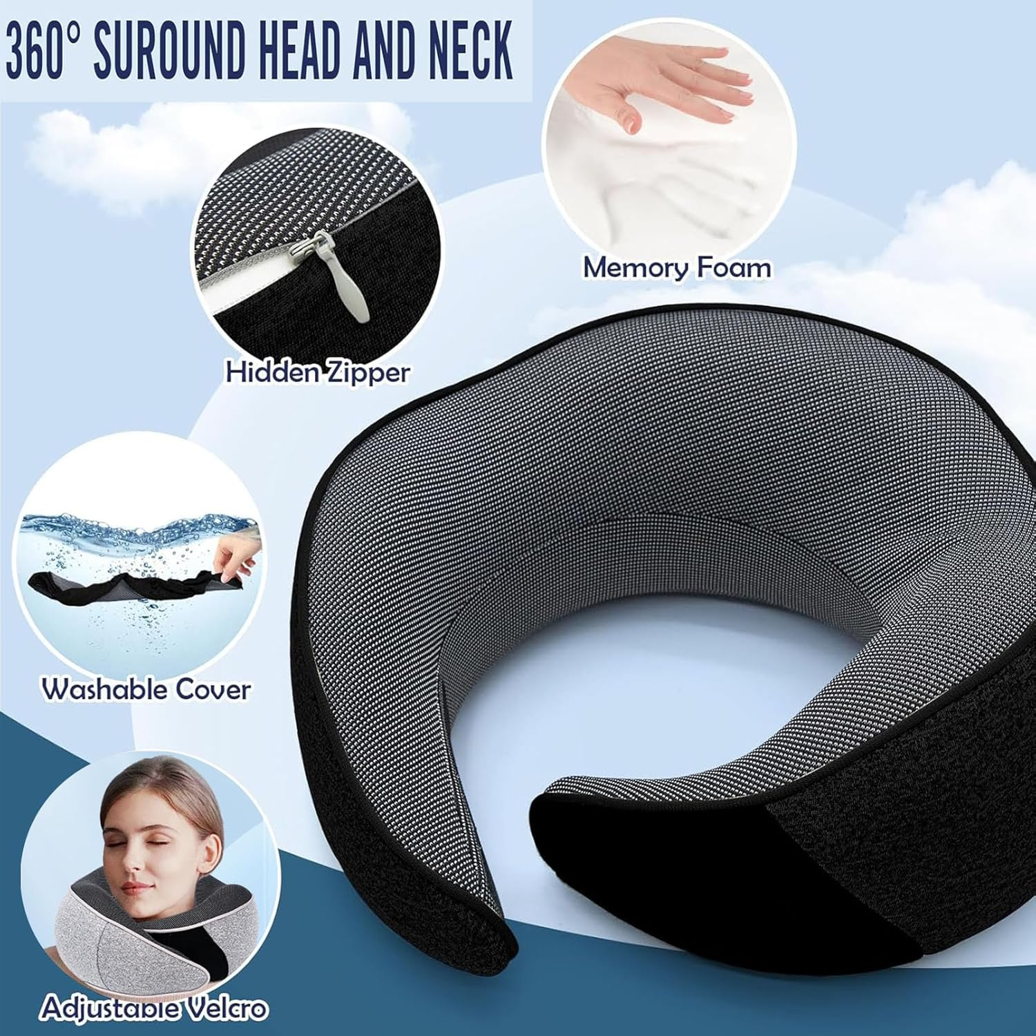 Neck Pillow Travel Head Rest, Memory Foam Comfortable & Breathable Soft U Shaped Pillows for Travel Airplane,Business Trip Neck and Shoulder Support with Luxury Bag,3D Contoured Washable Cover image number 4