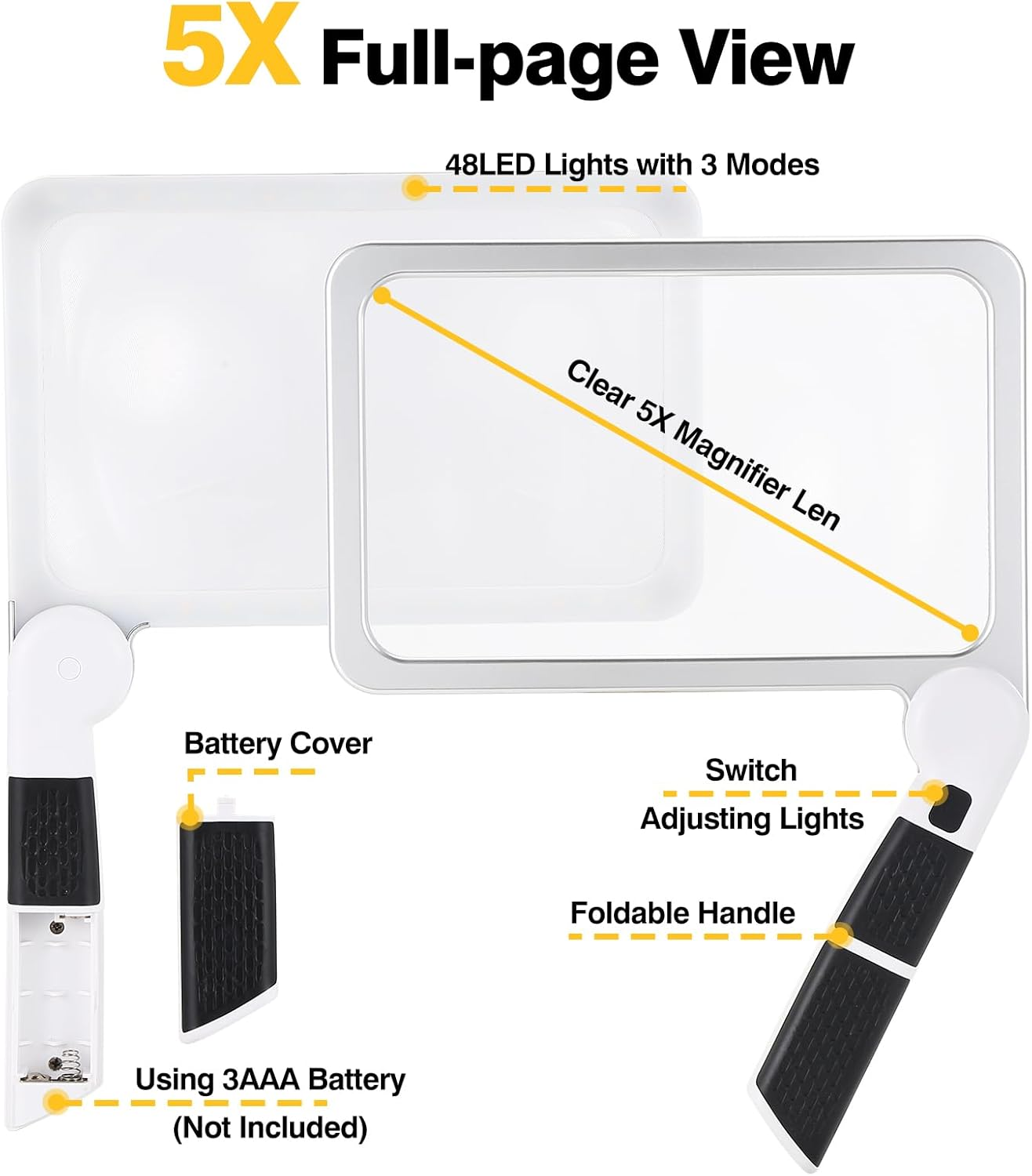 SZMDLX 5X Large Reading Magnifier, Folding Handheld Magnifying Glass with Light 48LED Cold & Warm Light with 3 Modes for Seniors Low Visions Newspaper Books Small Print, Rectangle Lighted Magnifier image number 1