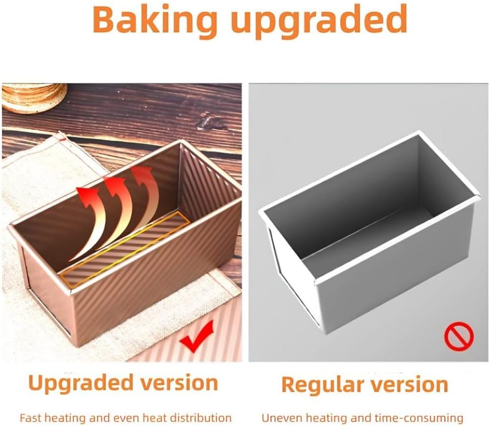 Kitment Loaf Pan with Lid, Bread Tin, 0.99Lb Non-Stick Carbon Steel Bread Bakeware Toast Mold Rectangle Corrugated Toast Box for Oven Baking with Bench Scraper, Oil Brush image number 2