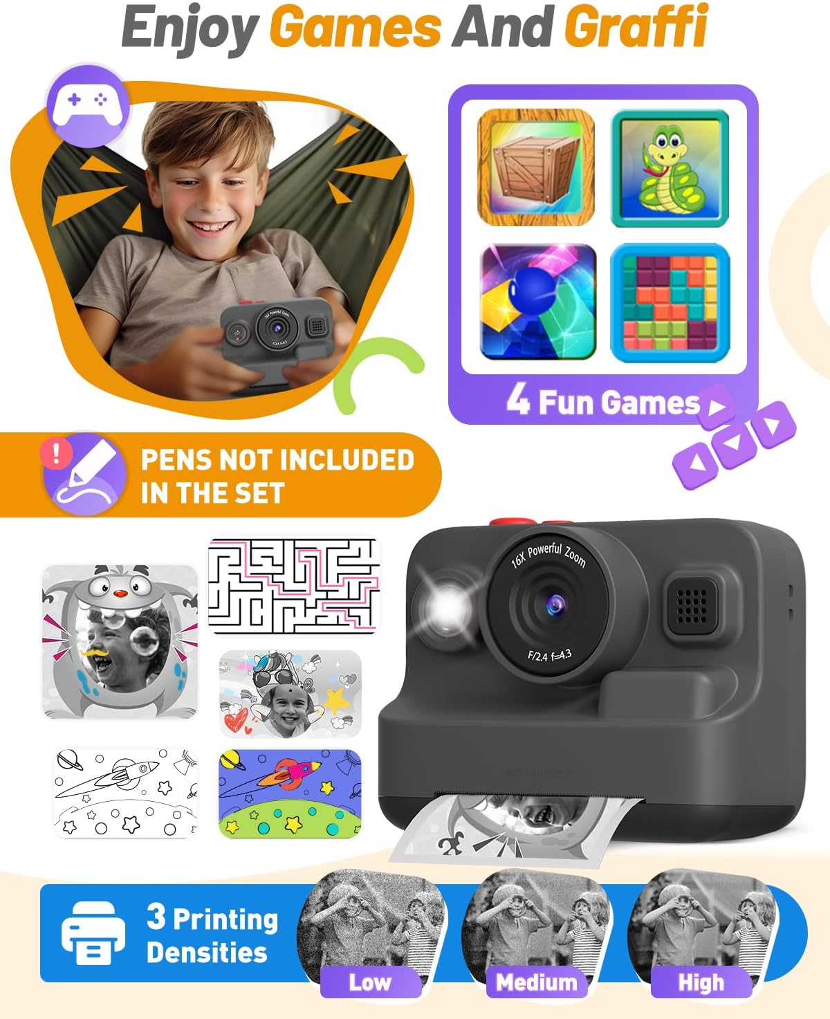 Kids Camera Instant Print, Christmas & Birthday Gifts for 3-12 Year Old Boys & Girls, 2.4In Screen 1080P Digital Camera with 3 Rolls Print Paper & 32G Card