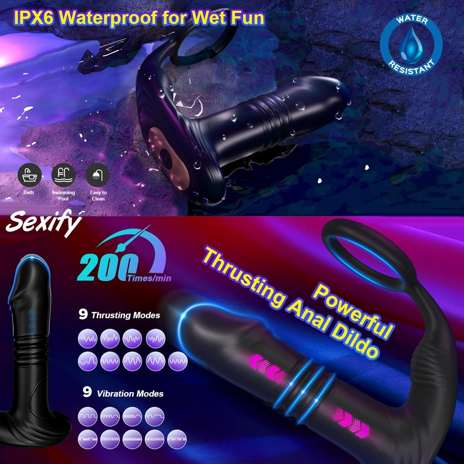 Thrusting Anal Vibrator Prostate Massager - Cock Ring Anal Toy Butt Plug with Thrust & Vibration Modes, App Control Anal Male P Spot Telescopic Prostate Massager Dildo for G-Spot Men Couples Waterproof Adult Sex Toy image number 6