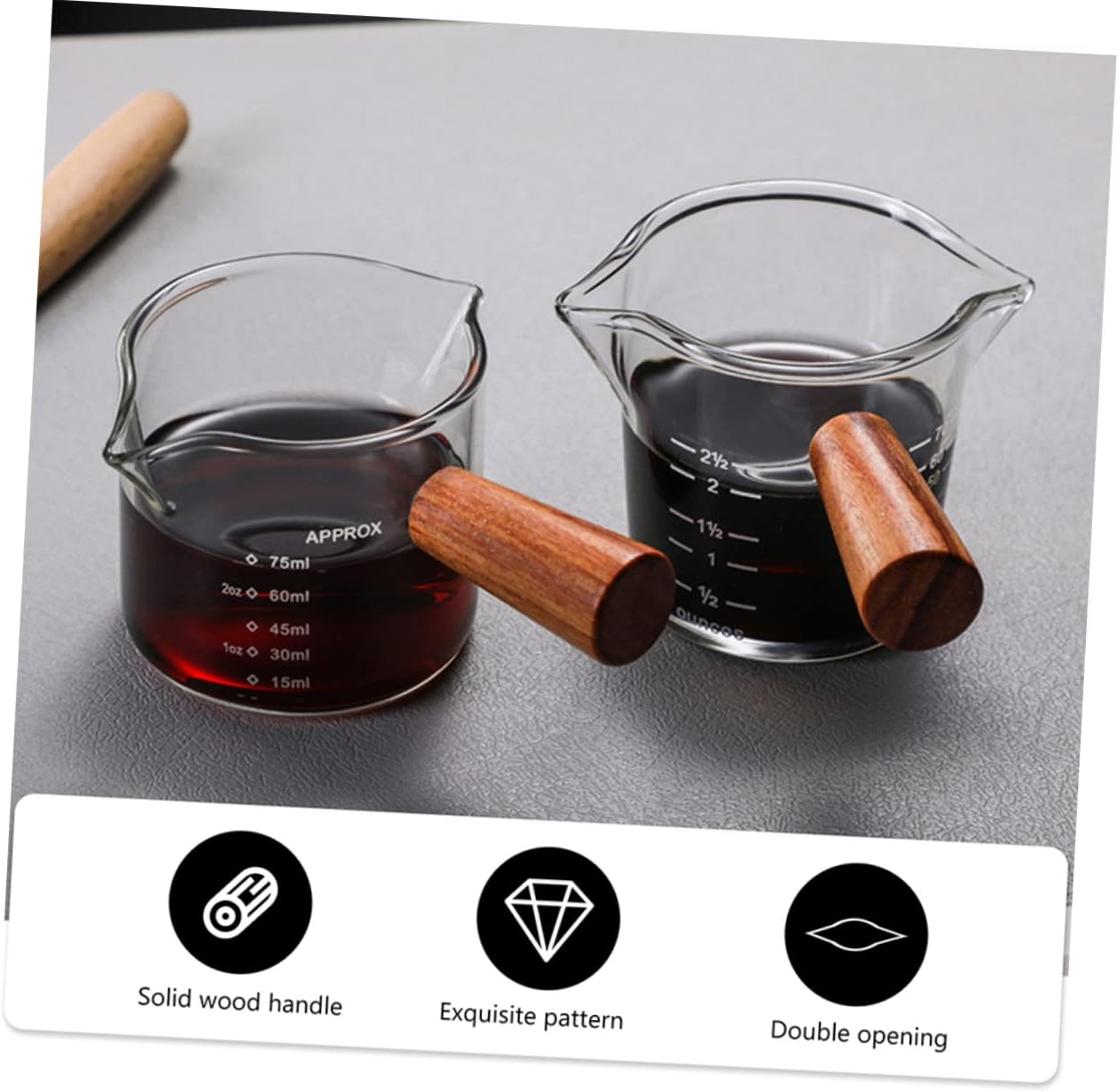 Baluue 2Pcs Double Spout Espresso Measuring Cups Wooden Handle Glass Milk Jars for Coffee Pouring and Precision Measurement image number 3
