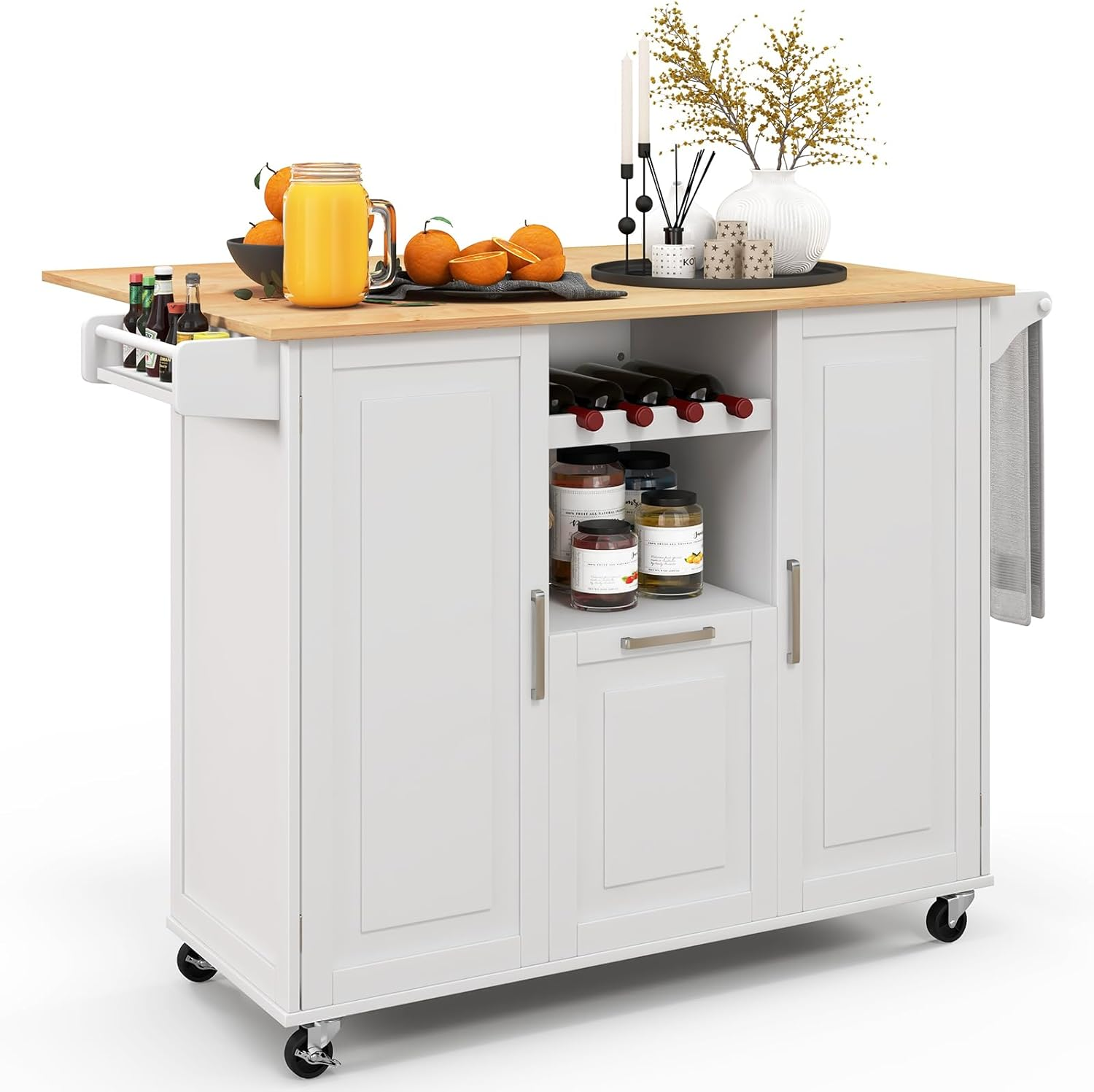 Giantex Rolling Kitchen Island Cart, Large Kitchen Island W/Drop-Leaf Countertop & 4 Rotatable Casters, Kitchen Trolley Cart with Deep Drawer, Open Wine Bottle Rack & Towel Bar (White)