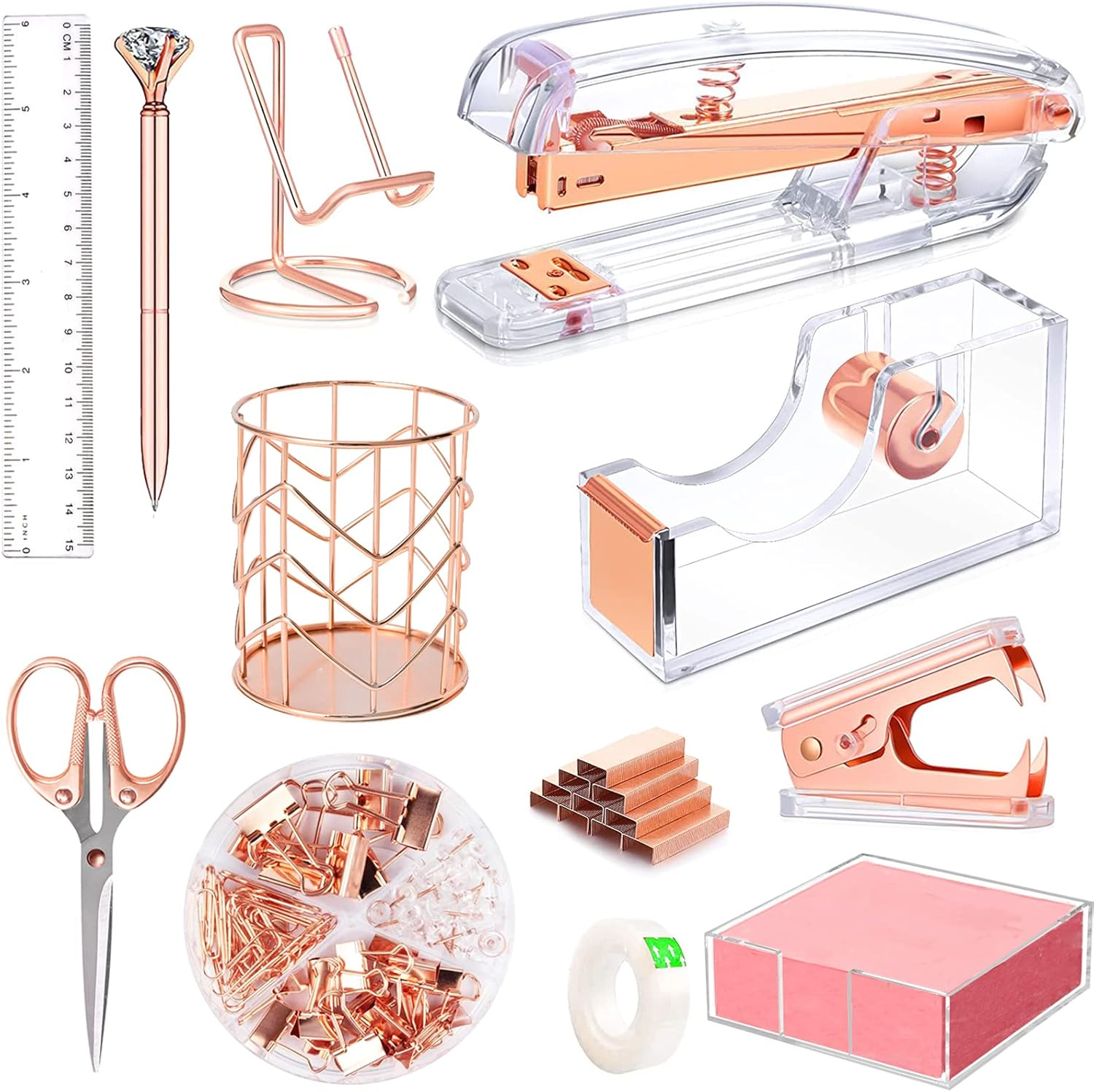 Famassi Rose Gold Office Supplies and Accessories, Acrylic Stapler, Staple Remover, Tape Holder, Pen Ballpoint Pen, Scissor, Binder Clips, Staples, Phone Ruler, Transparent Glue 300 Notes