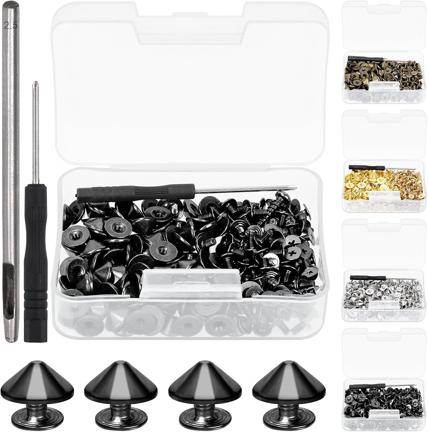 Swpeet 102Pcs Bronze Color Cone Spikes and Studs Kit with Hole Punch and Screwdriver, Back Leather Craft Rapid Rivet Screws, Spikes Bullet Cone Spikes Screw for Clothing Shoes Leather Craft