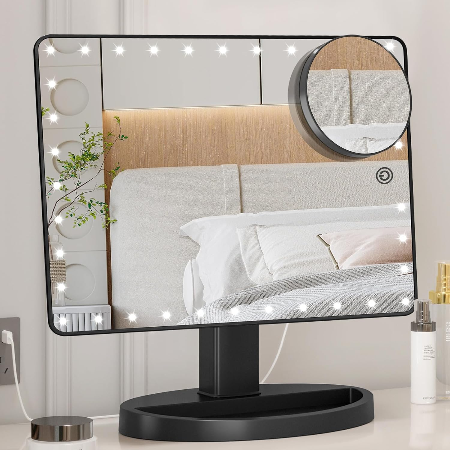 FUNTOUCH Large Lighted Vanity Makeup Mirror (X-Large Model), Light up Mirror with 35 LED Lights, Touch Screen and 10X Magnification Mirror, 360&deg; Rotation Tabletop Cosmetic Mirror (Black)