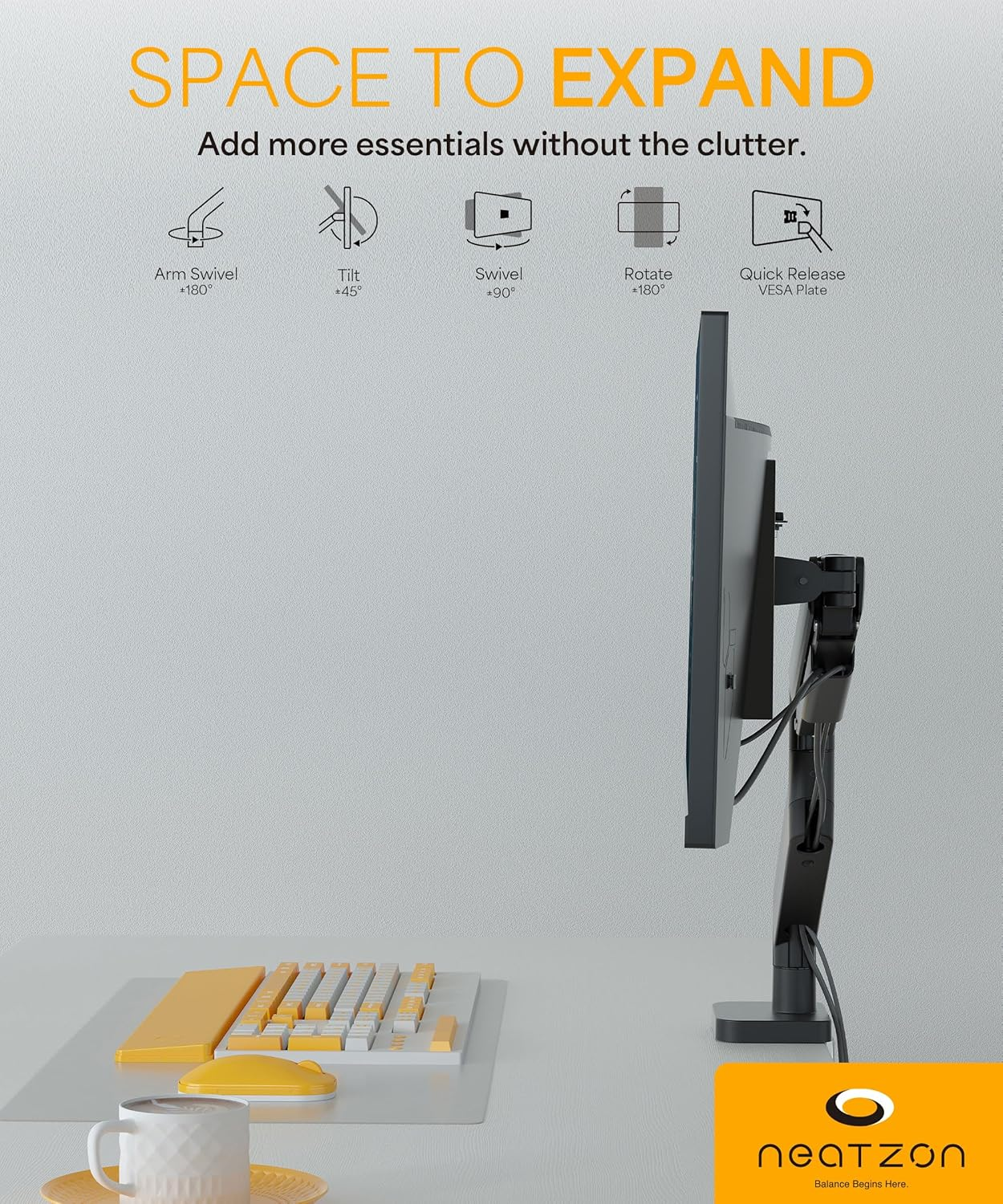 Neatzon Single 32" Monitor Arm Desk Mount for 10 Kgs Screens, Height Adjustable, VESA Compatible, Cable Management, NZ-ARM-03 image number 6