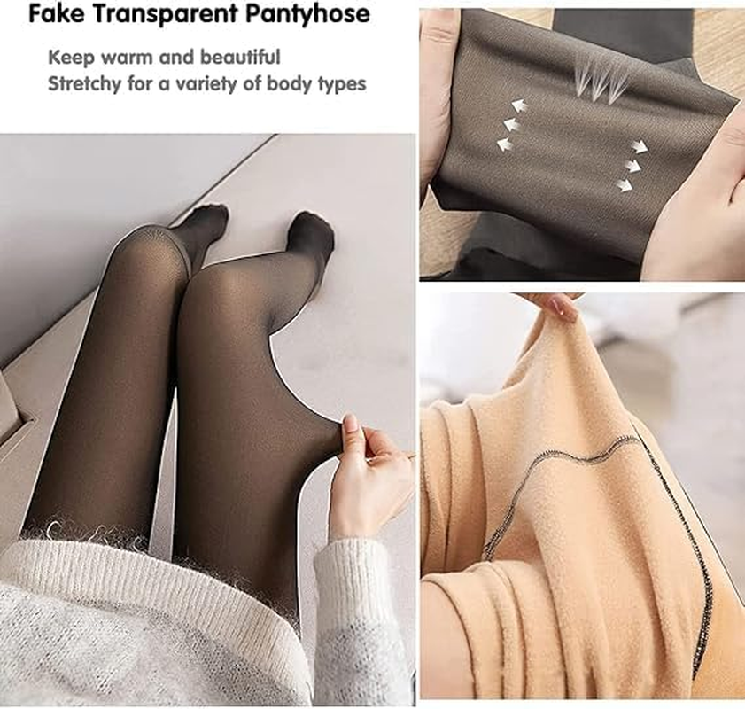 Delcast Women Fleece Lined Tights-Warm Fake Translucent Tights High Waist Pantyhose Sheer Thick Warm Leggings for Women image number 5