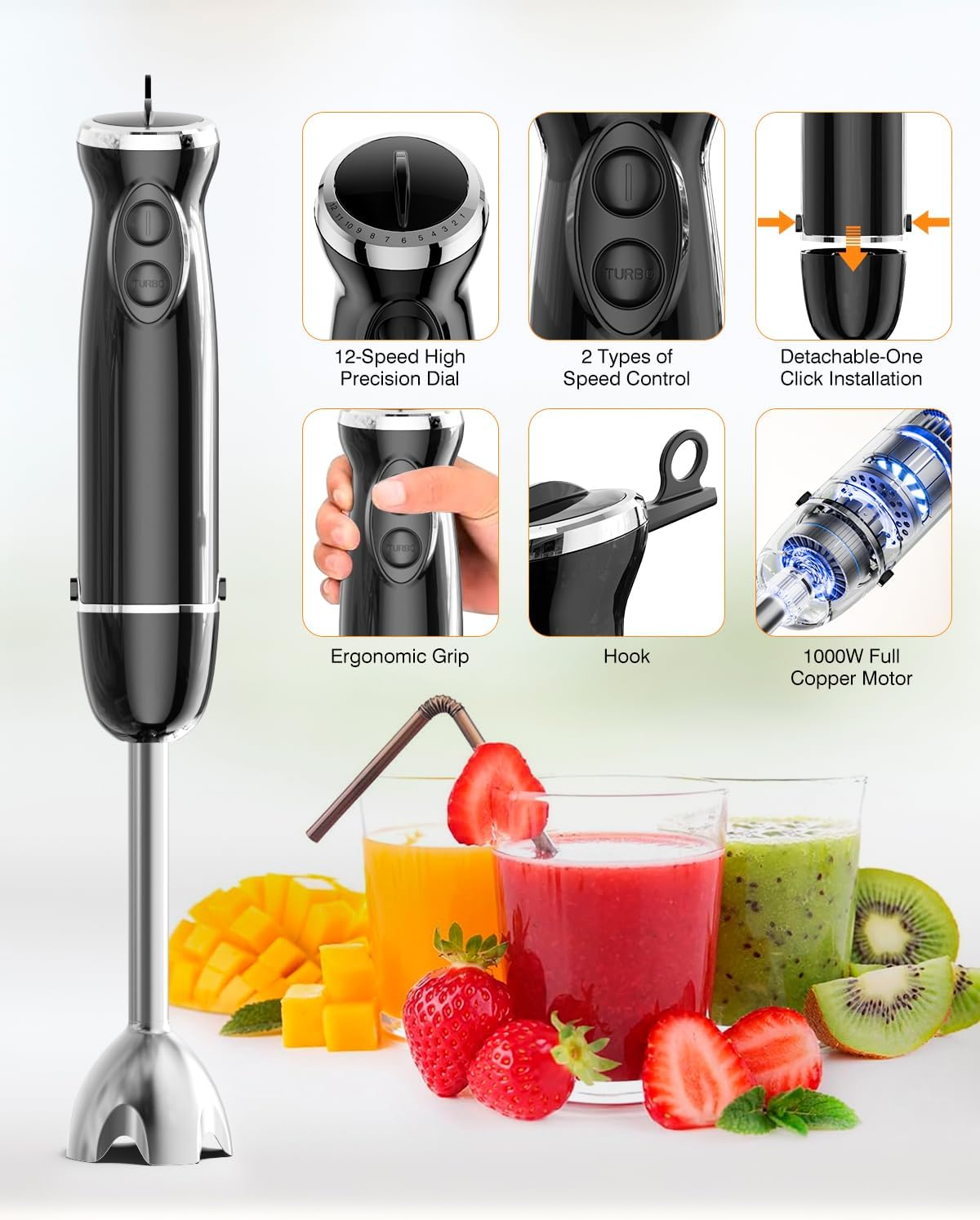 Micomlan Hand Stick Blender - 7In1 Electric Blenders, 1000W Immersion Handheld Blender Set with 12 Speed Heavy Duty Motor, Bpa-Free Handheld Mixer with 500Ml Mixing Beaker for Soup,Smoothie,Baby Food