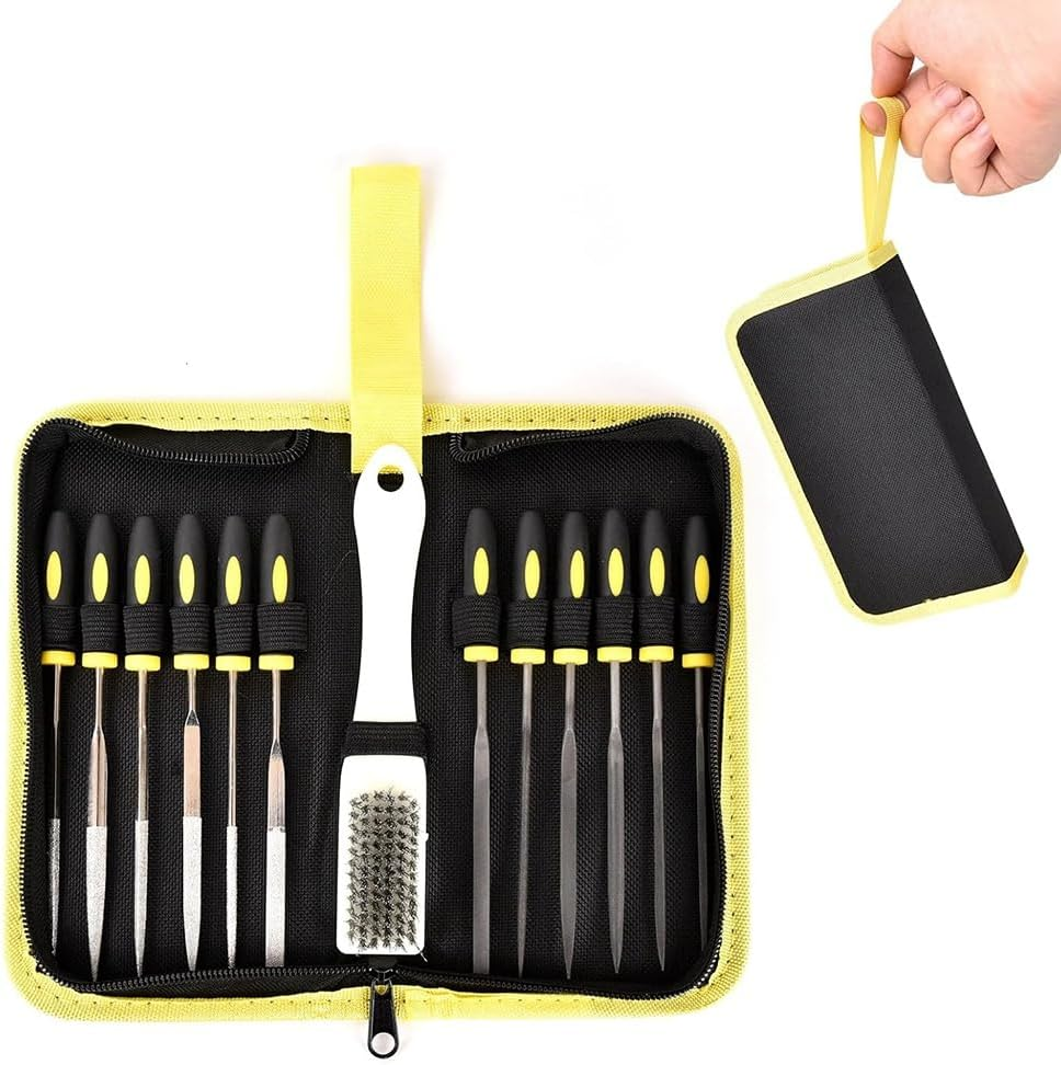 Veumoie 13PCS Needle Files Set,6 Diamond Files & 6 Steel File Sets and Cleaning Brush & Case with Handle