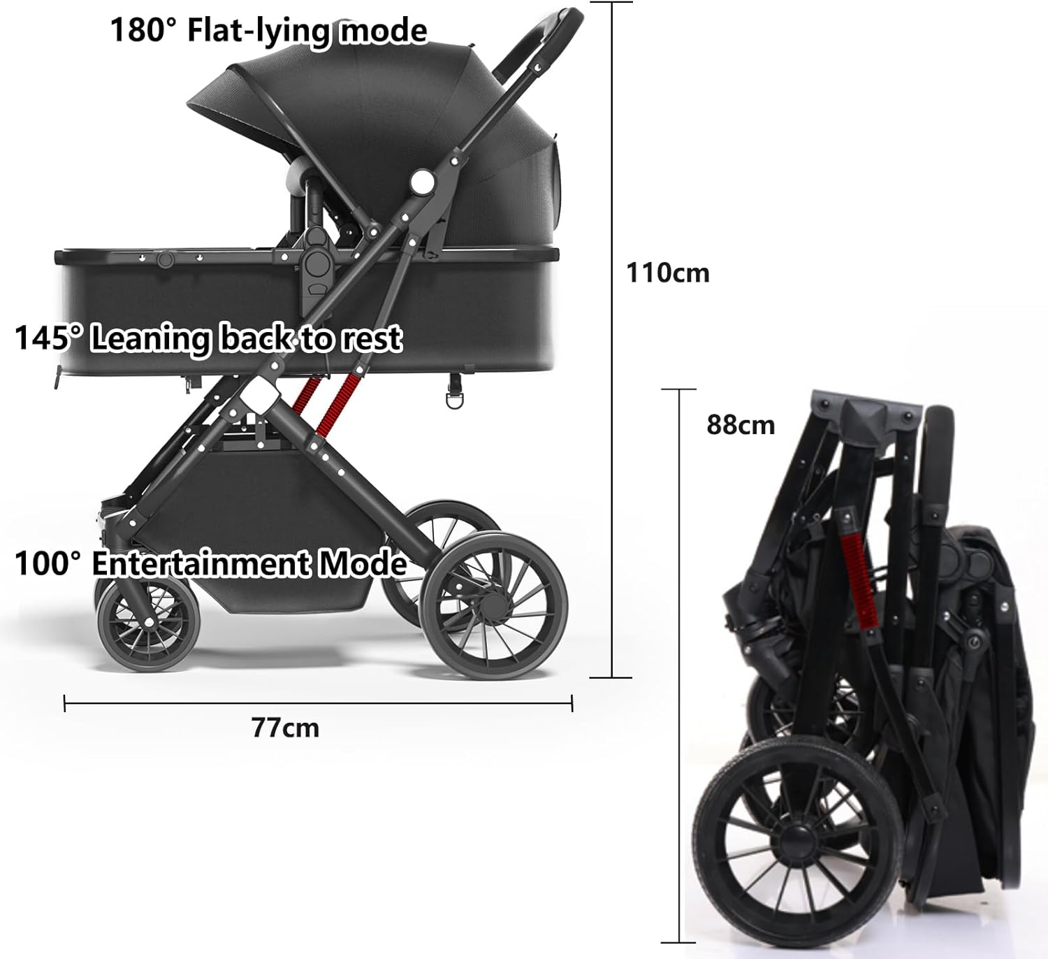 3In1 Aluminium Alloy Pram Baby Stroller, Lightweight Travel Pram for Newborn to Toddler, Adjustable Reclining Seat, Foldable Design, Storage Basket, 5-Point Harness & Sun Canopy, Lightweight Travel Baby Trolley image number 4