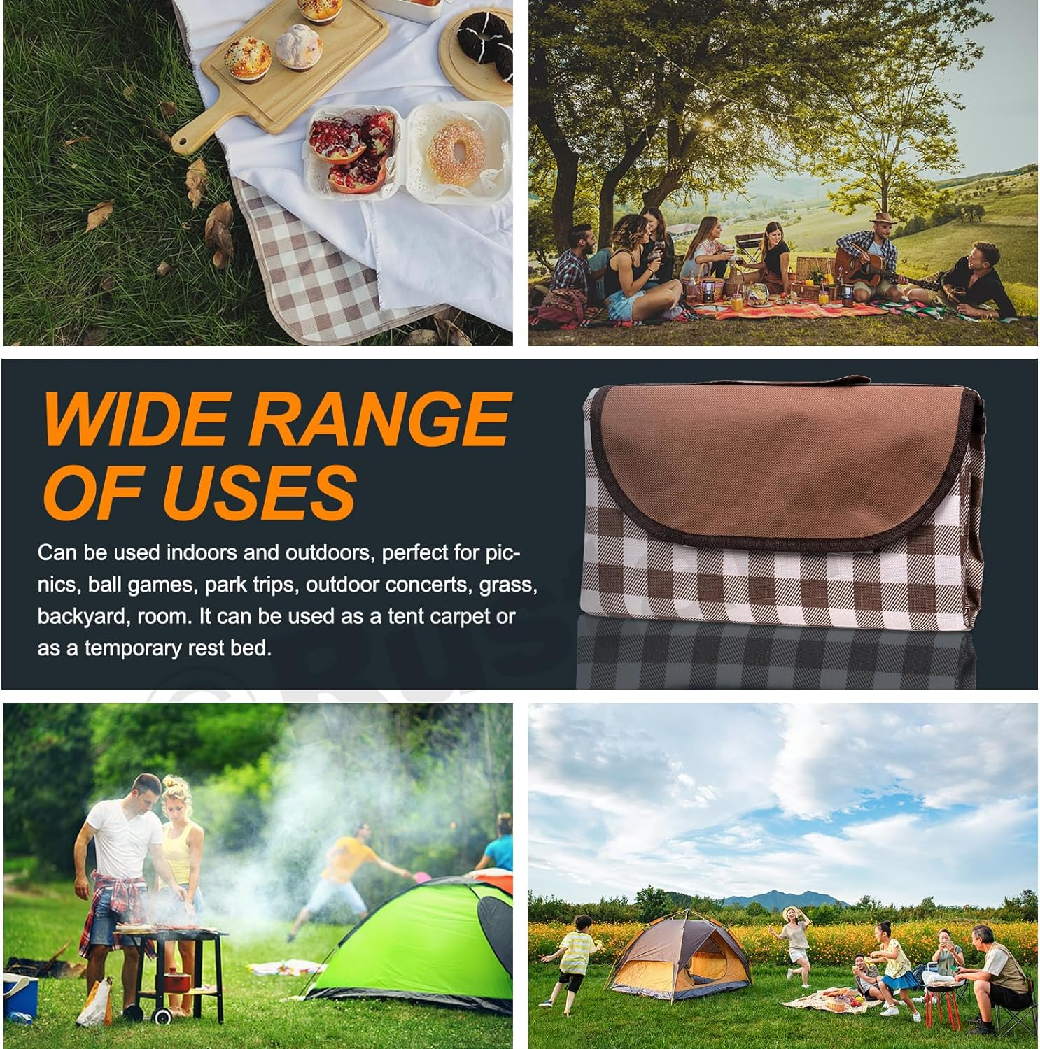 Rustark 79" X 79" Picnic Blanket Outdoor Picnic Mat Beach Blanket Extra Large Foldable Waterproof Portable Gingham Picnic Blanket Picnic Rug for Hiking, Beach, Camping, Park, BBQ and Music Festivals