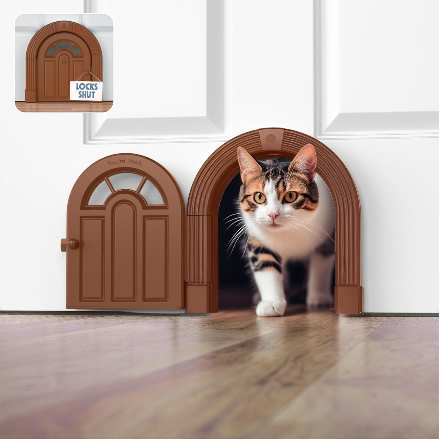 Easy Install Cat Flap - DIY Setup, No Training Needed, Suitable for Cats up to 20 Lbs - Secured Installation in Minutes - Original, Brown 3