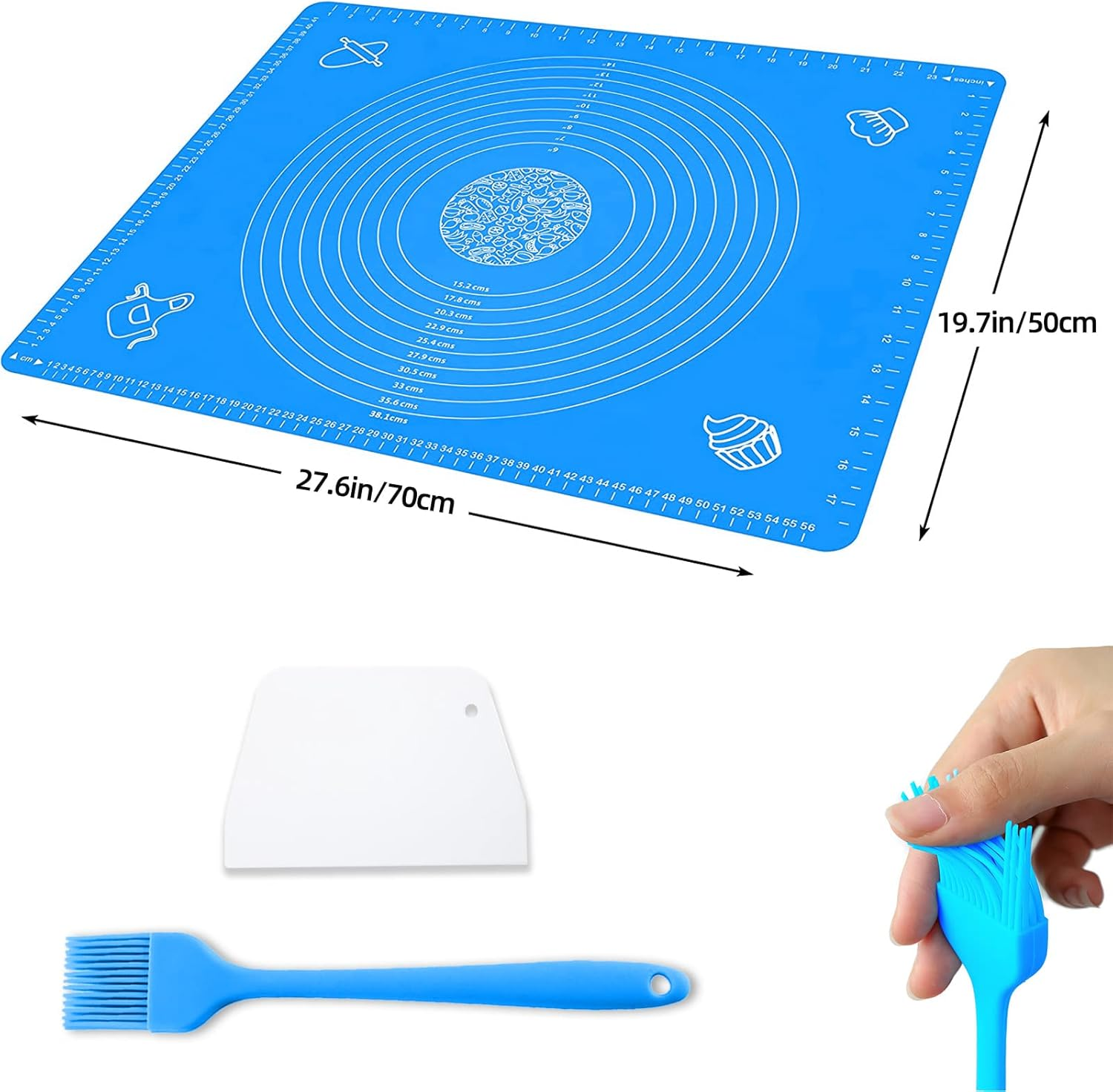 27.5Inx19.7In Non-Stick Silicone Baking Mat，Large Baking Pastry Mat，With Dough Scraper and Pastry Brushes (Blue) image number 2
