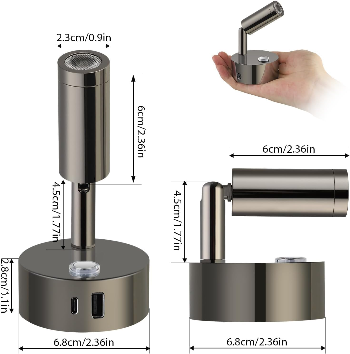 ERWEY 12 V Reading Lamp Motorhome, LED Wall Light, Bed Lamp with Switch, Touch, Dimmable, 3000 K - 6000 K, DC 12 V-24 V Spot RV Lighting with USB A+C Connections for Boat, Car, Camper, Van (Gloss image number 1
