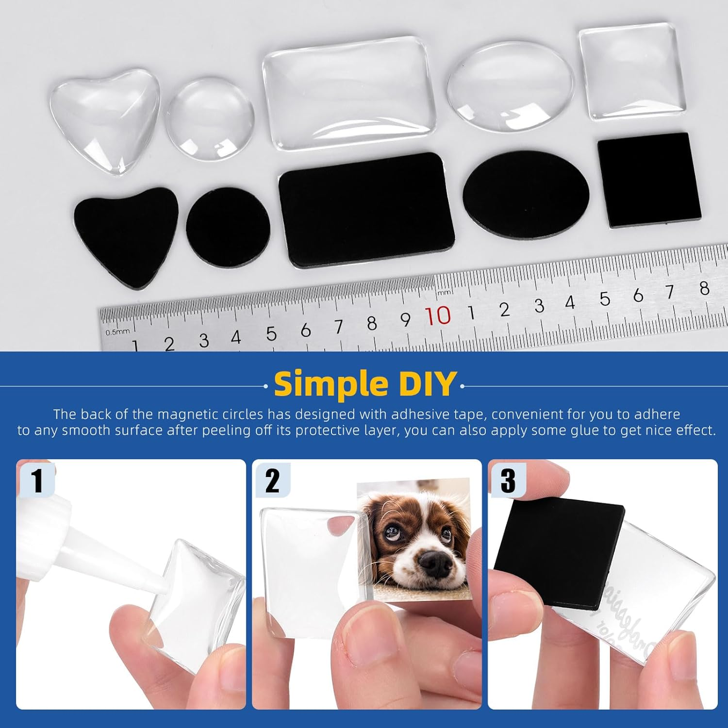 Glarks 72Pcs Fridge Magnets Craft Set Round/Oval/Square/Heart/Rectangle Shape Ferrite Ceramic Magnets with Adhesive Backing and Transparent Glass Cabochons for Fridge Office Locker Whiteboard Making image number 2