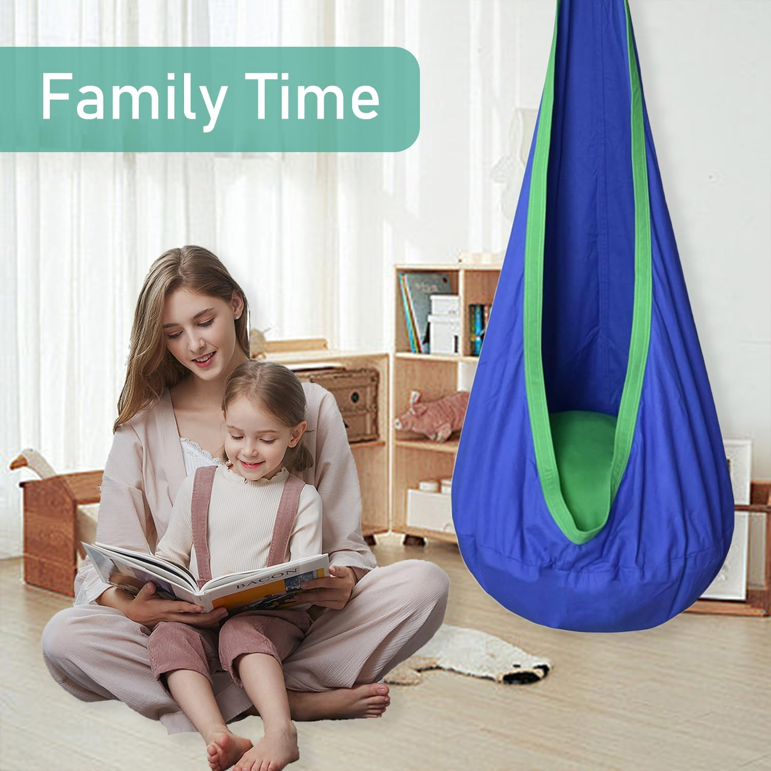 Uandhome Kids Pod Swing Seat, Hanging Pod Swing Chair with Inflatable Pillow, Sensory Swing Chair for Outdoor and Indoor,Cotton Child Swing Hammock Chair for Indoor and Outdoor Use (Blue) image number 2