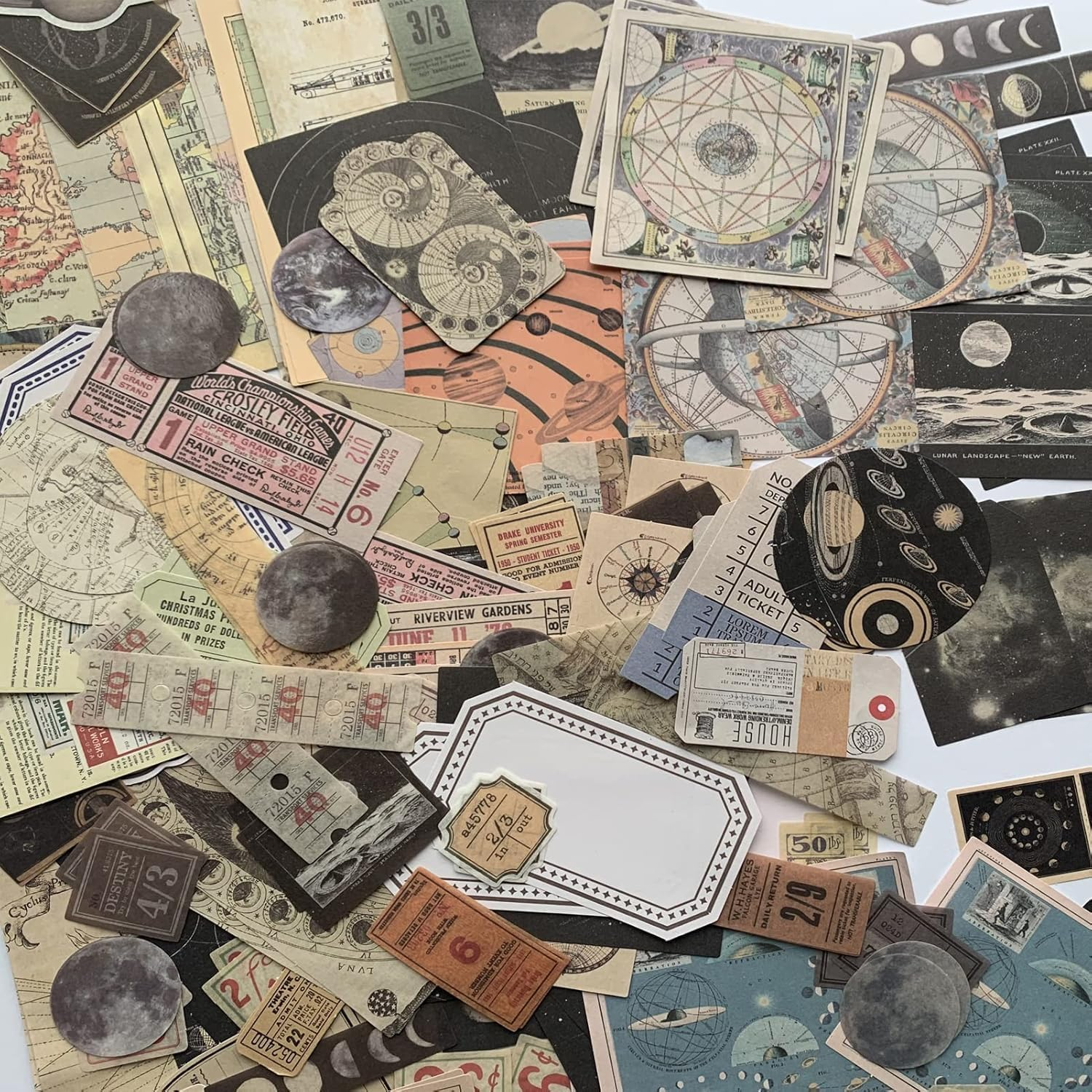 OSYLICT Vintage Scrapbook Supplies Pack,Space Moon Stickers Paper for Art Journaling Bullet Junk Journal Planners DIY Craft Notebook Collage Album Aesthetic Picture Frames - Style One image number 5