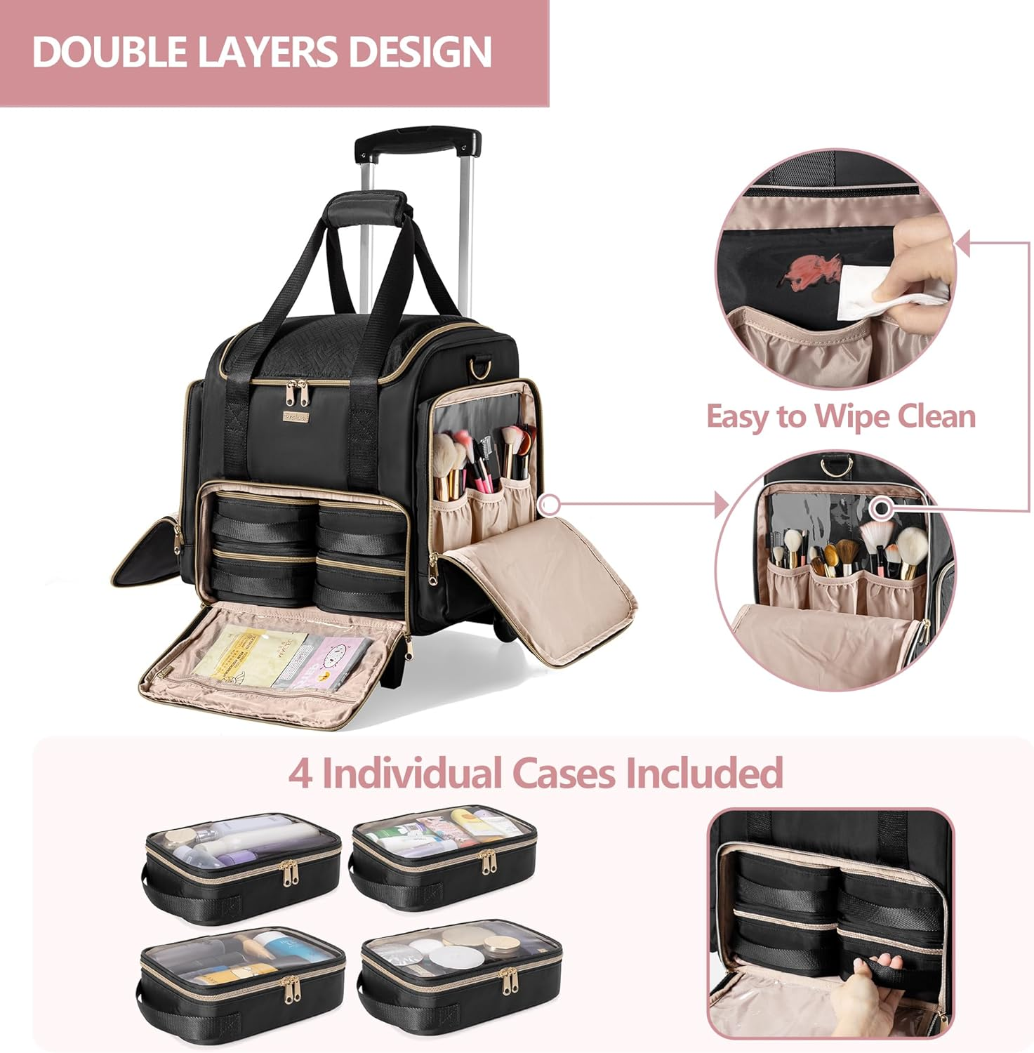 Prokva Rolling Makeup Case with 4 Removable Bags, Professional Makeup Train Case with Wheels, Makeup Artist Travel Bag with Brushes Storage Section (Patent Design), Black, Detachable Trolly Makeup - Pink image number 5