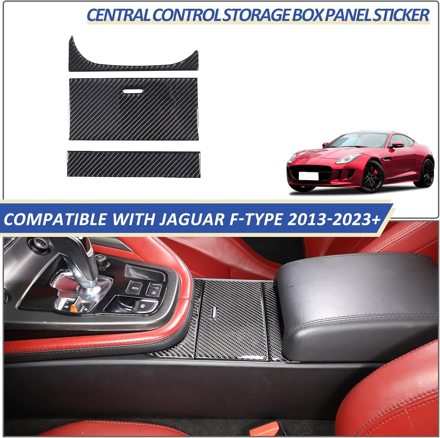 Daeiclru Real Carbon Fiber Car Central Control Storage Box Panel Sticker Compatible with Jaguar F-Type 2013-2022, Interior Center Console Panel Decorative Trim Accessories, 3PCS (Black) image number 4