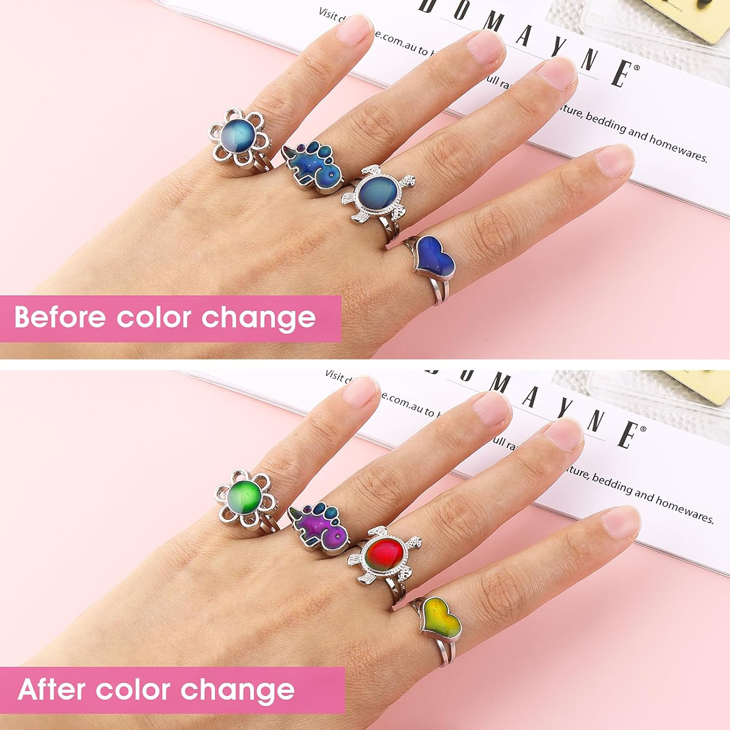 10 Pieces Mood Rings for Kids, Adjustable Mixed Color Change Ring Bulk for Girls Boys Women, Halloween Birthday Party Favors, Carnival Costume Accessories (Style 2) image number 2