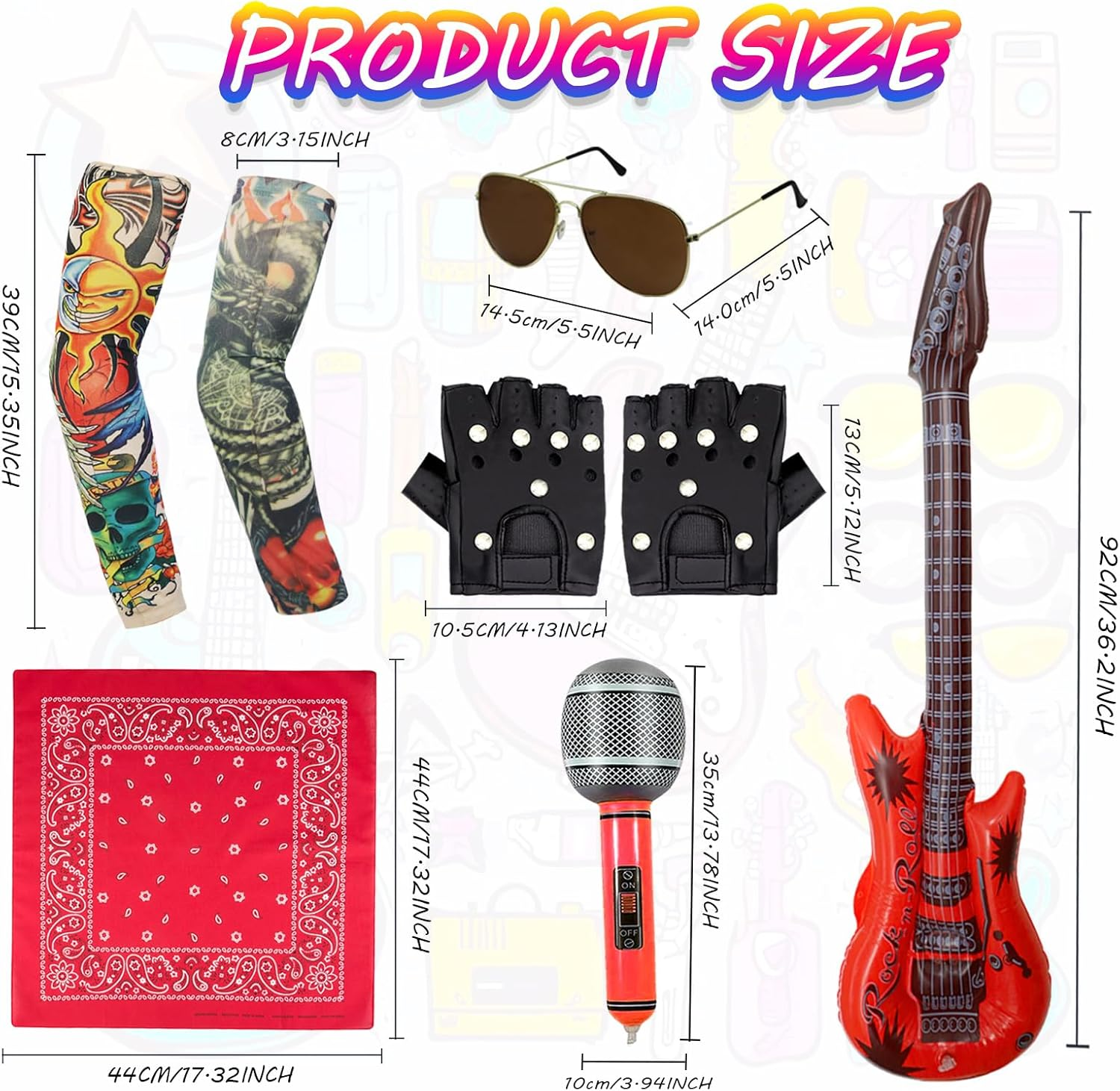 8Pcs Punk Gothic Rocker Costume Set, Rock Heavy Metal Accessories with Retro Sunglasses Gloves Bandana Fake Tattoo Sleeves Bracelet Inflatable Guitar for Women Men Halloween 80S Disco Party image number 6