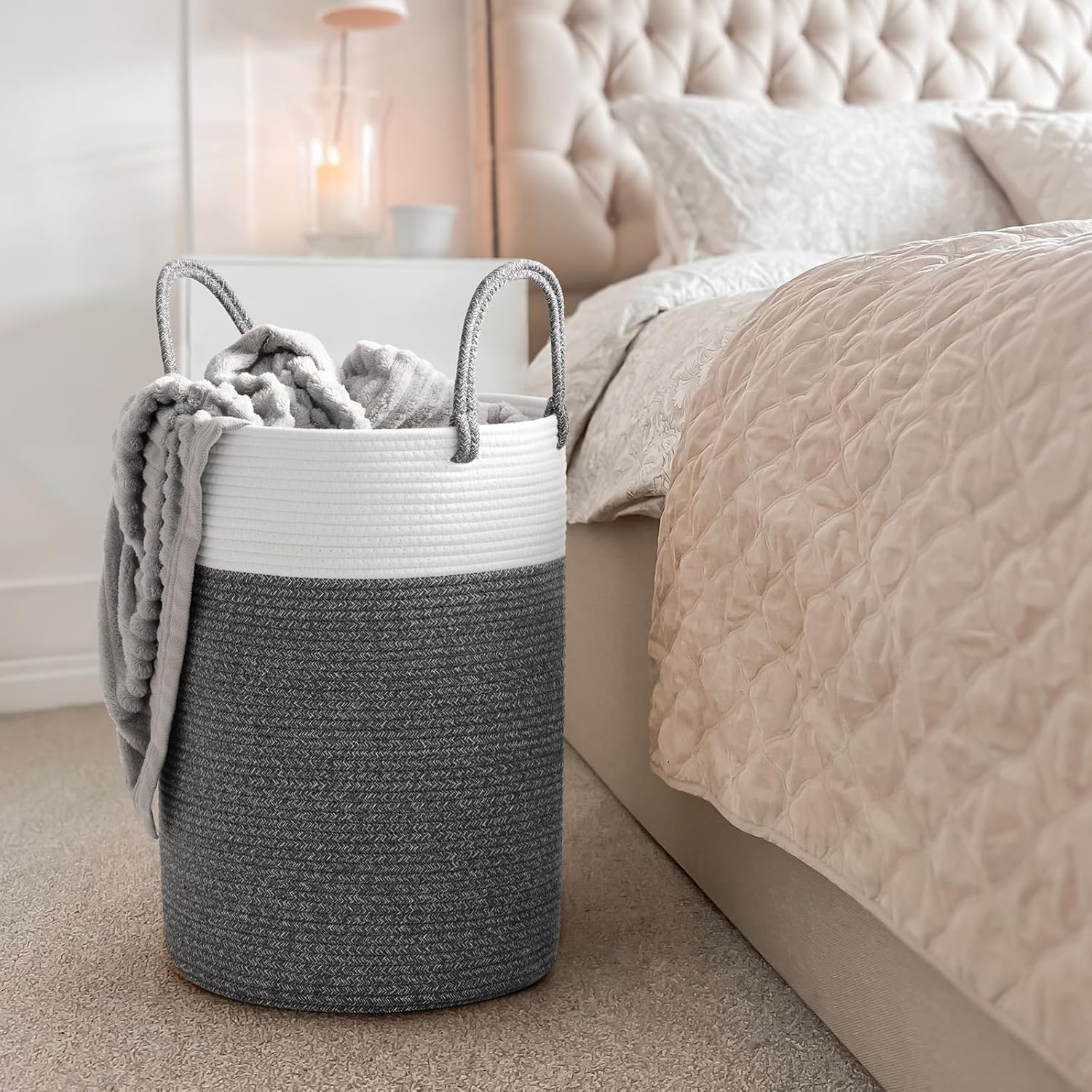Large Laundry Hamper, Cotton Rope Storage Bin, Tall Woven Laundry Basket for Clothes and Toys, Blanket Storage, Basket for Living Room, Baby Nursery, Bathroom and Bedroom (Grey) - Grey image number 3