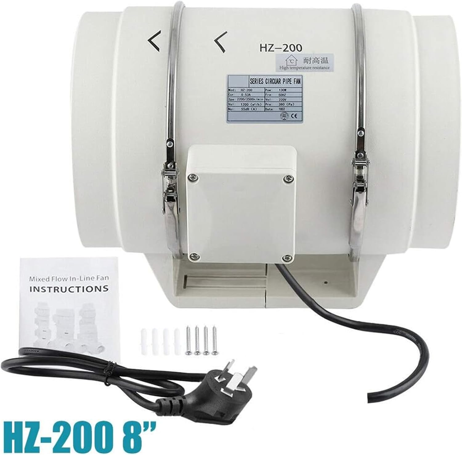 8" Inline Duct Fan Pre-Wired Exhaust Fan,Ventilation Fan Hydroponic Inline Exhaust Industrial Vent Silent Fan Extractor Duct for Grow Tents/Hydroponics/Booster Smoke Moving White Immutable Speed image number 1