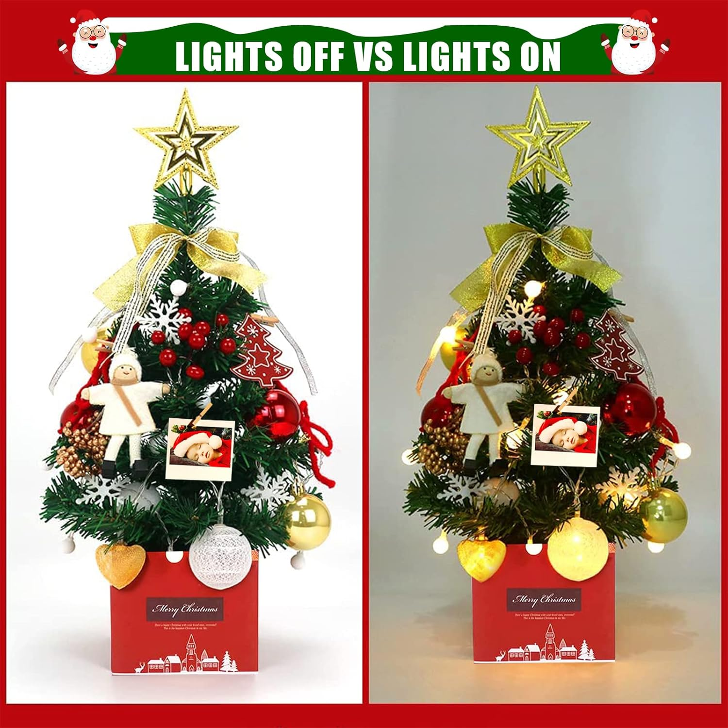 50Cm Artificial Christmas Tree, Mini Christmas Tree Decoration, 24In Small Tabletop Xmas Tree with Xmas Ball Stars Bow Ornaments for Home Office Shop Desktop Party Decor (Gold, 1.6Ft) - Green, 2Ft image number 2