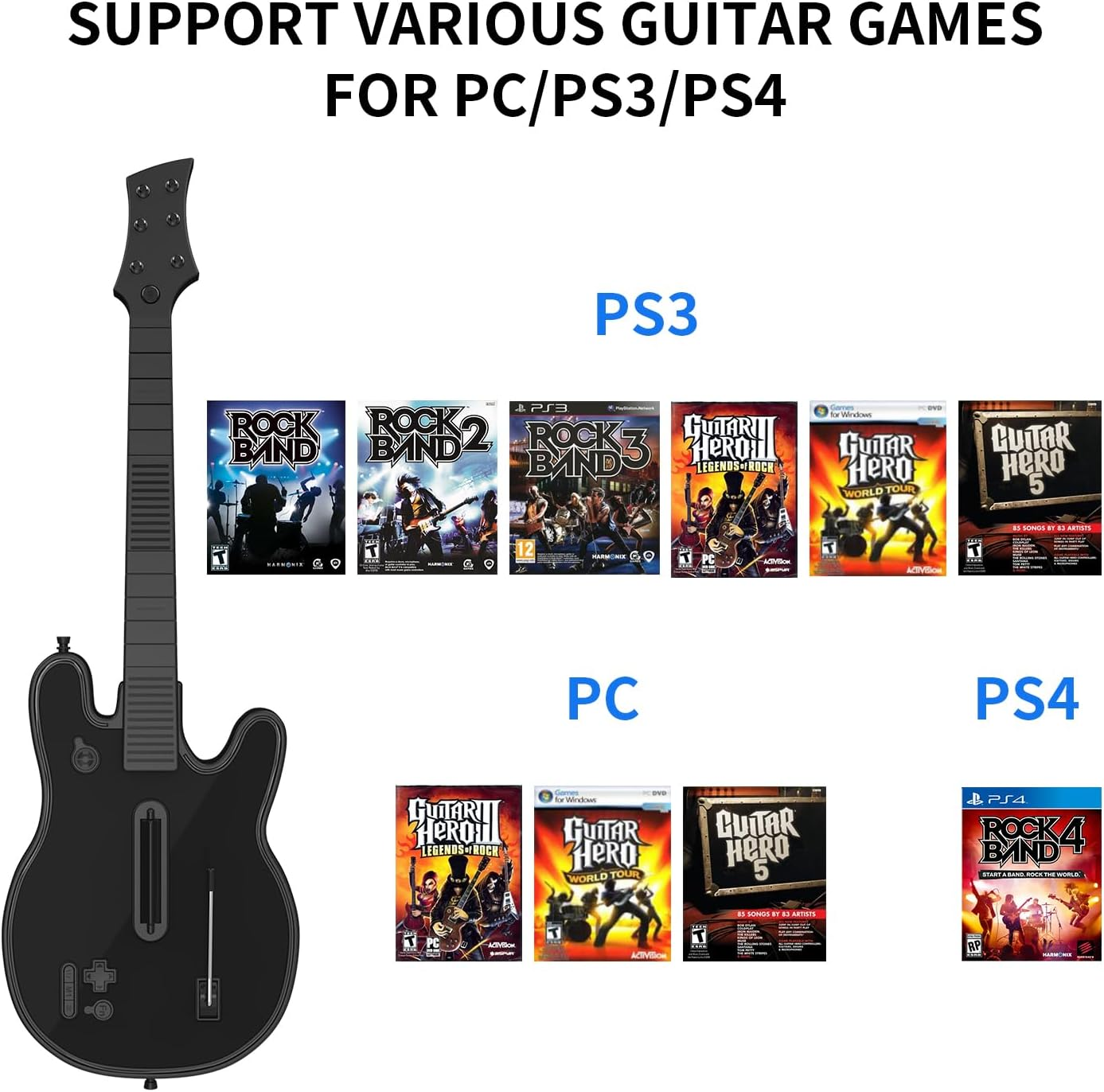 JJDWIN Wireless Guitar Hero Controller for PS4/PS3/PC with RGB Light, Rock Band & Clone Hero Games,  Festival with Strap & Wireless Dongle,Black image number 5