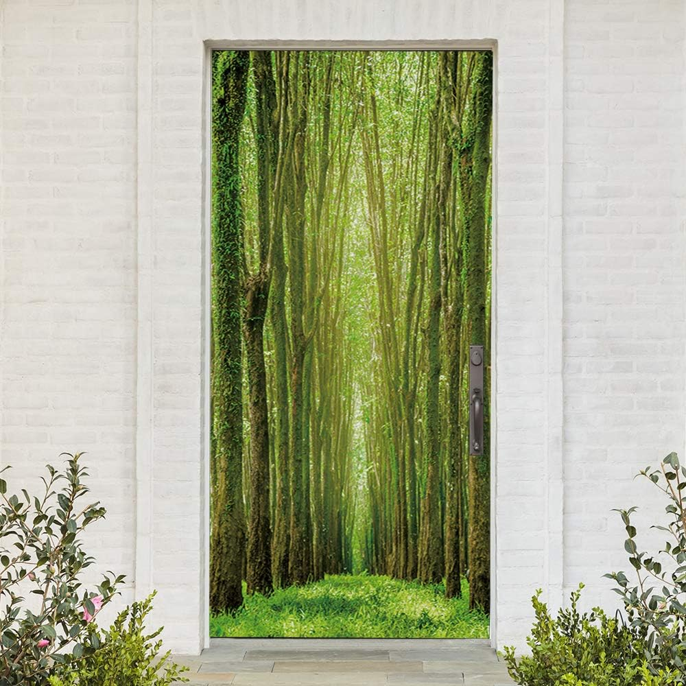Nature Art Self Stick Vinyl Door Mural Sticker, Peel and Stick Removable Refrigerator Wrap Decal, Green Forest, 32.3X78.7, 2 Pcs Set - Bookcase image number 3