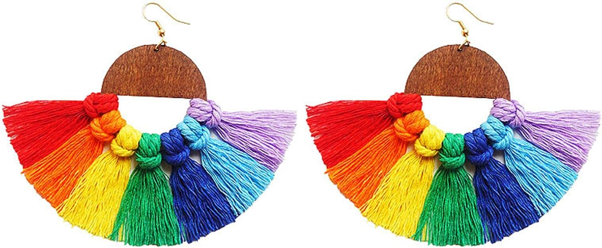 Bohemian Handmade Braid Tassel Dangle Earrings Colorful Rainbow Wooden Tassel Dangle Earrings for Women Girls Jewelry
