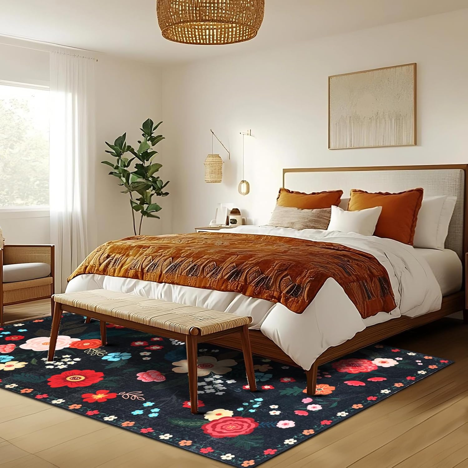 MOSISO 4X6 Area Rug for Living Room, Washable, Non Slip Multicolored Flower, Low Pile Carpet, Faux Wool Rectangular Area Rug Carpet for Living Bedroom Dining Room Home, Black image number 4