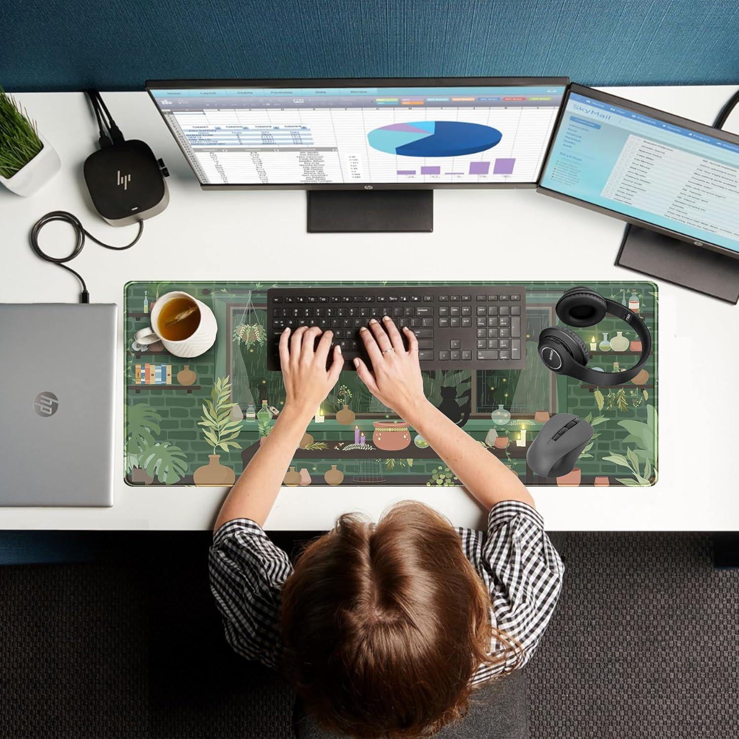 Kawaii Rainy Night Desk Mat Green Plants Gaming Mouse Pad XL, Aesthetic Anime Black Cat Desk Pad Laptop Computer Keyboard Mouse Mat, Desktop Decor Accessories for Girl Women Office 31.5"X11.8" image number 7