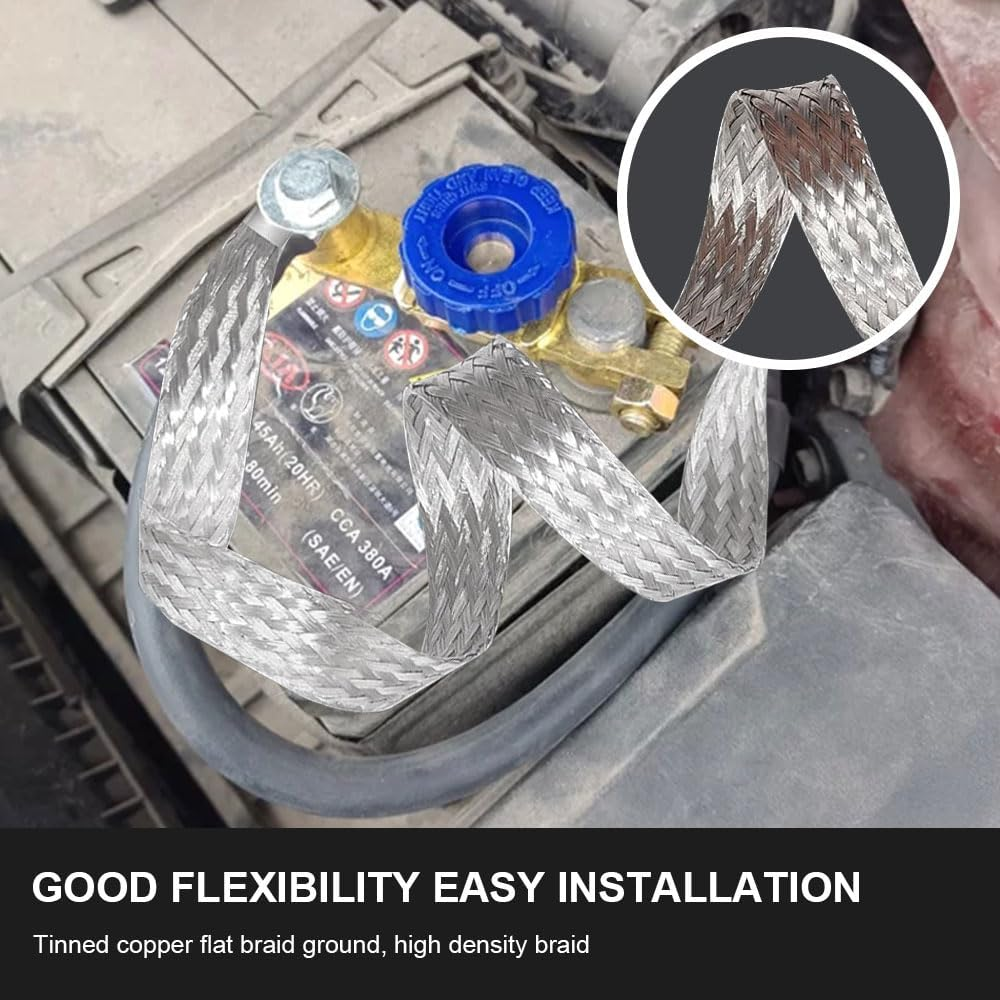 Universal Flat Braided Copper Ground Strap, 3PCS 10"&times;1/2" & 2PCS 13"&times;1/2" Auto Engine Ground Strap, Heavy Duty Flat Braided Tinned Copper Ground Strap Replacement for Most Cars