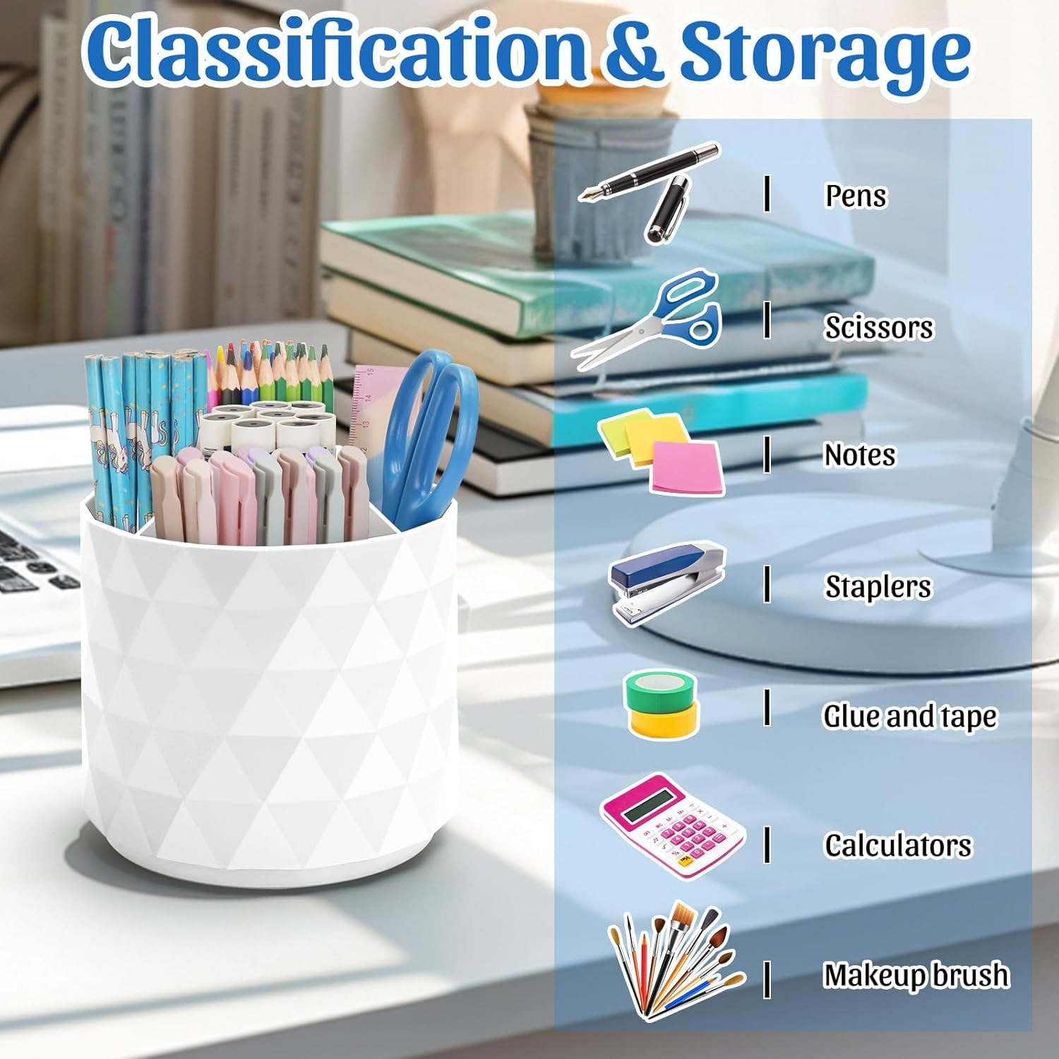 DUOMIAO Desk Organizer,Sparkling Diamond-Like Pen Holder for Desk 360&deg;Rotating Office Desk Accessories,Pencil Cup with 5 Compartments Storage Box Caddy for Office,School,Home,Art Supply. (White)