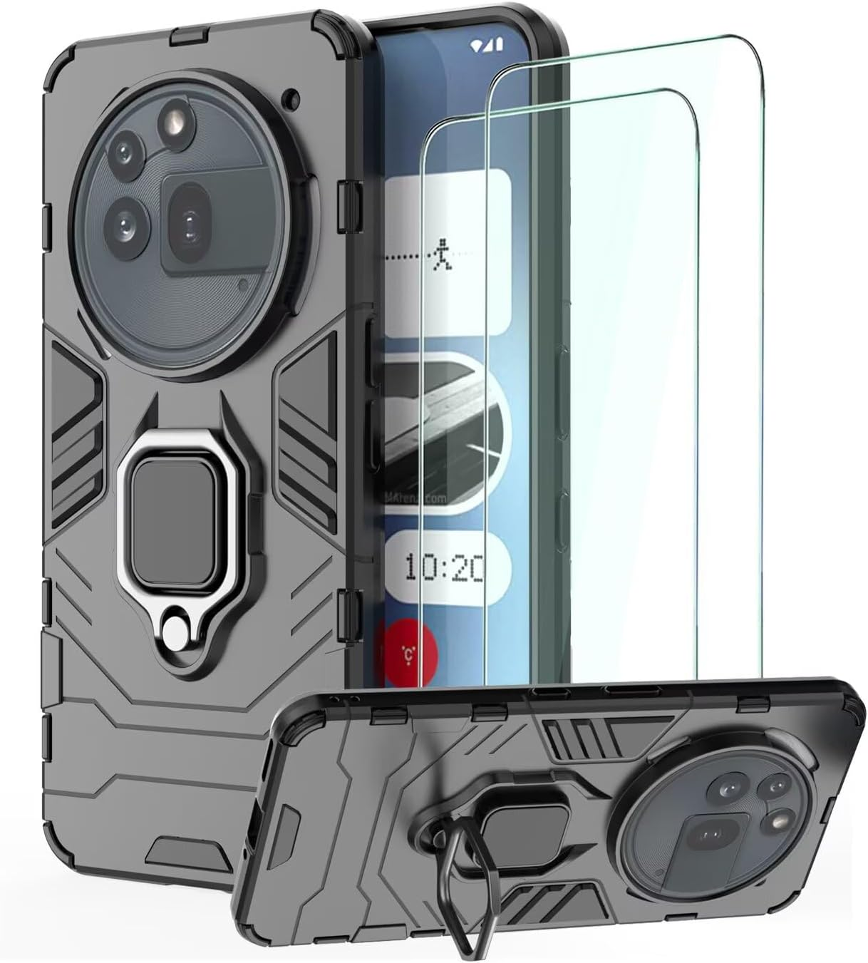 DERHAN Case for Nothing Phone 3A Pro, Armoured Case with Ring Holder + Protective Film [Pack of 2], Mobile Phone Cases Shockproof Protective Case, Mobile Phone Case with Stand - Black image number 7