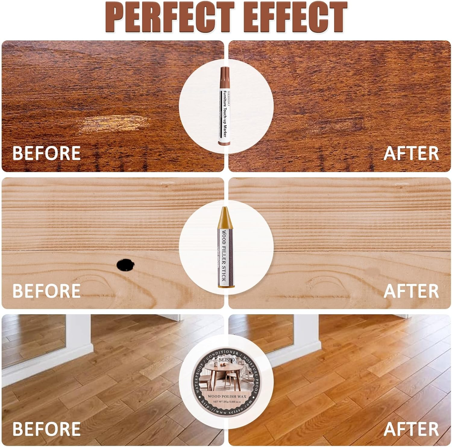 SEISSO Furniture Repair Kit, 18 Colors Touch up Markers and Wood Filler Sticks with Wood Polish Wax - Furniture Touch up Kit Cover up Scratches, Stains, Holes for Wooden Table, Cabinet, Floors, Door