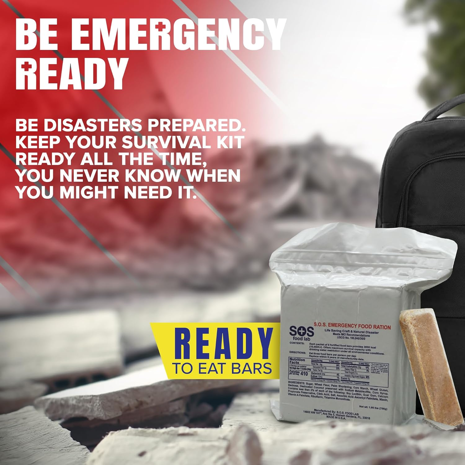 SOS Food Labs, Inc. 185000825 S.O.S. Rations Emergency 3600 Calorie Food Bar - 3 Day/ 72 Hour Package with 5 Year Shelf Life, 5" Height, 2" Wide, 4.5" Length