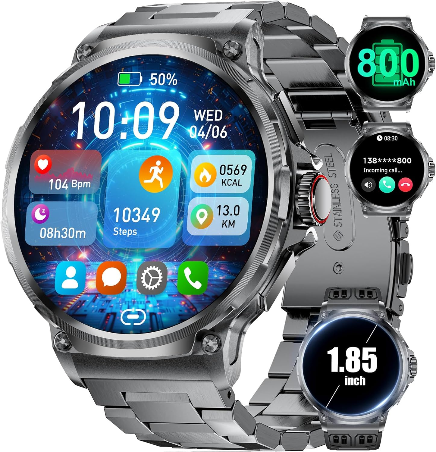 Military Smart Watch for Men (Answer/Make Calls), 1.85" Big Screen Smartwatch with 800Mah Large Battery,100+Sport Modes Calories Pedometers Fitness Tracker Sports Watch 5ATM Waterproof for Ios Android image number 2