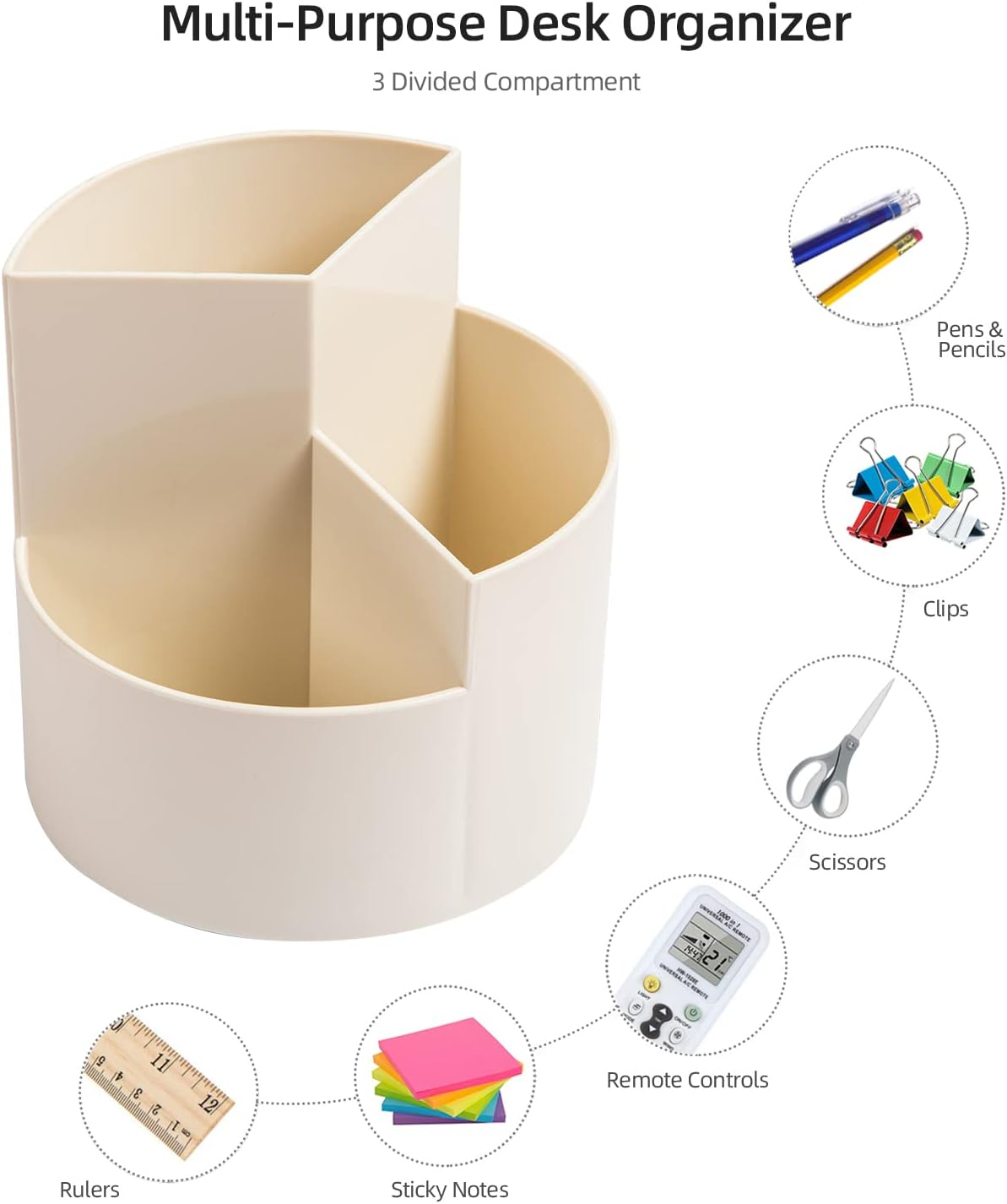 Desk Pencil Pen Holder, 3 Slots 360-Degree Spinning Pencil Pen Desk Organizers, Desktop Storage Pen Organizers Stationery Supplies, Cute Pencil Cup Pot for Office, Art Supply - White image number 1